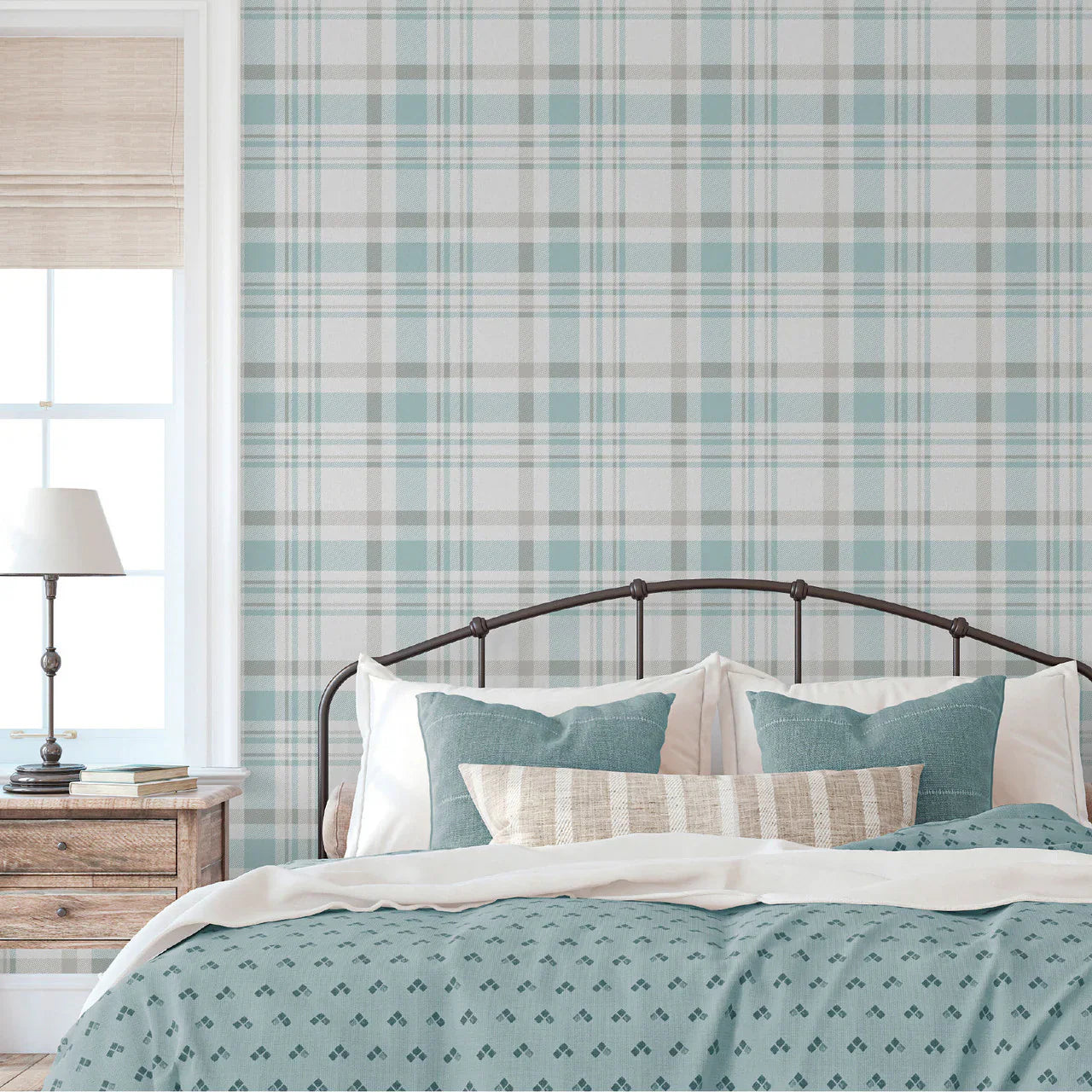 Navy Check Wallpaper Tartan Country Style Feature Wall Lounge Bedroom Hallway