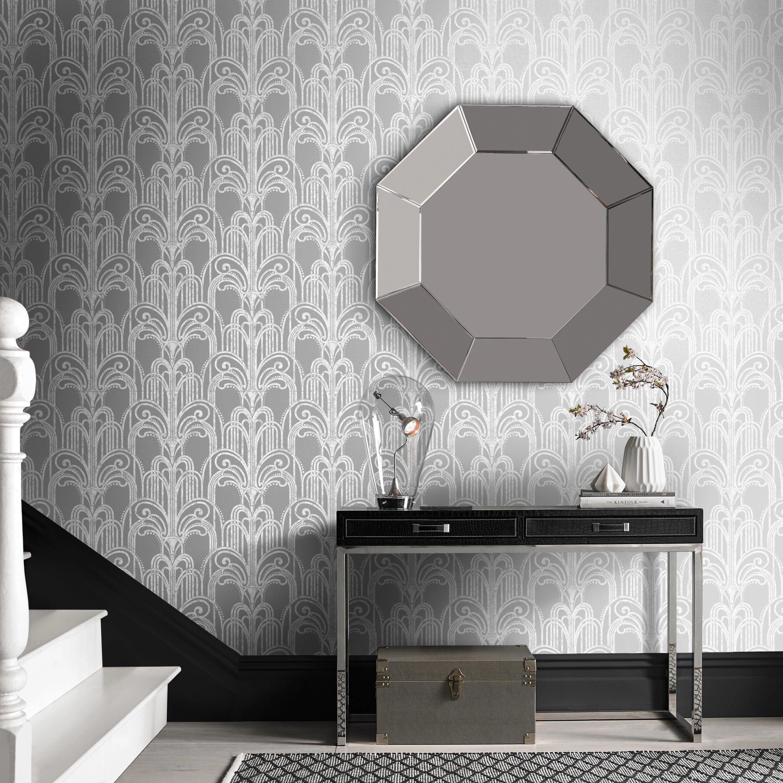 104297 Art Deco Silver Established Wallpaper by Graham and Brown