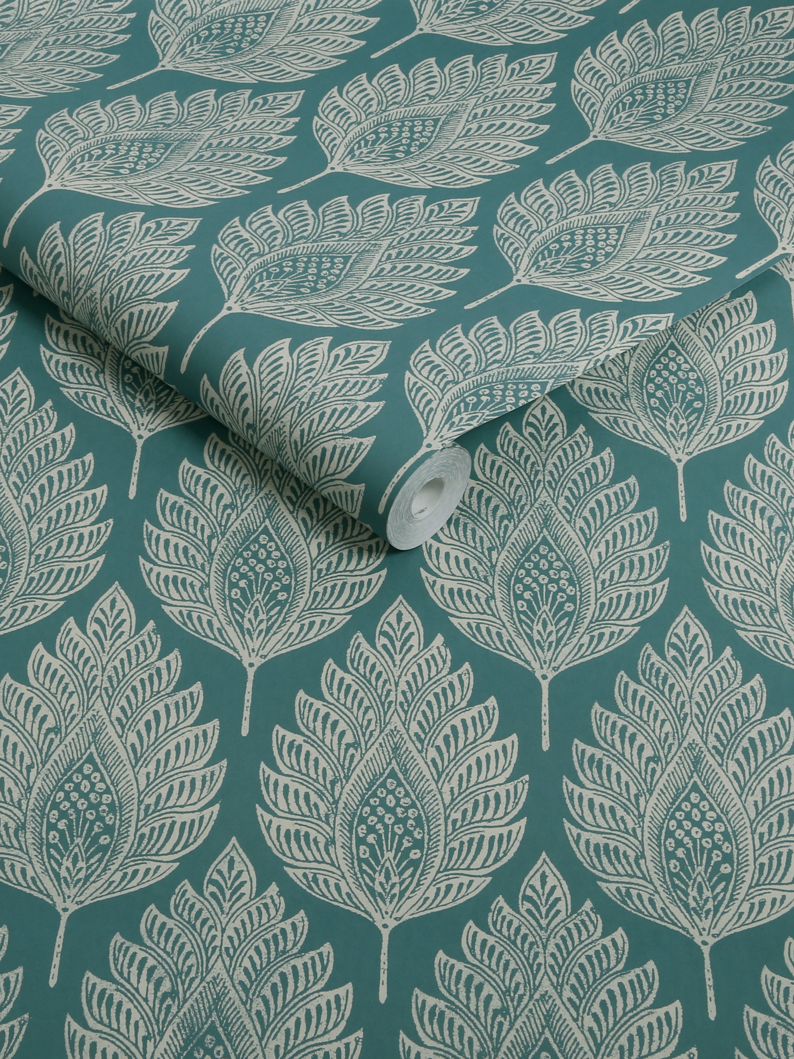 142309 Flame Leaf Teal Wallpaper by Graham & Brown