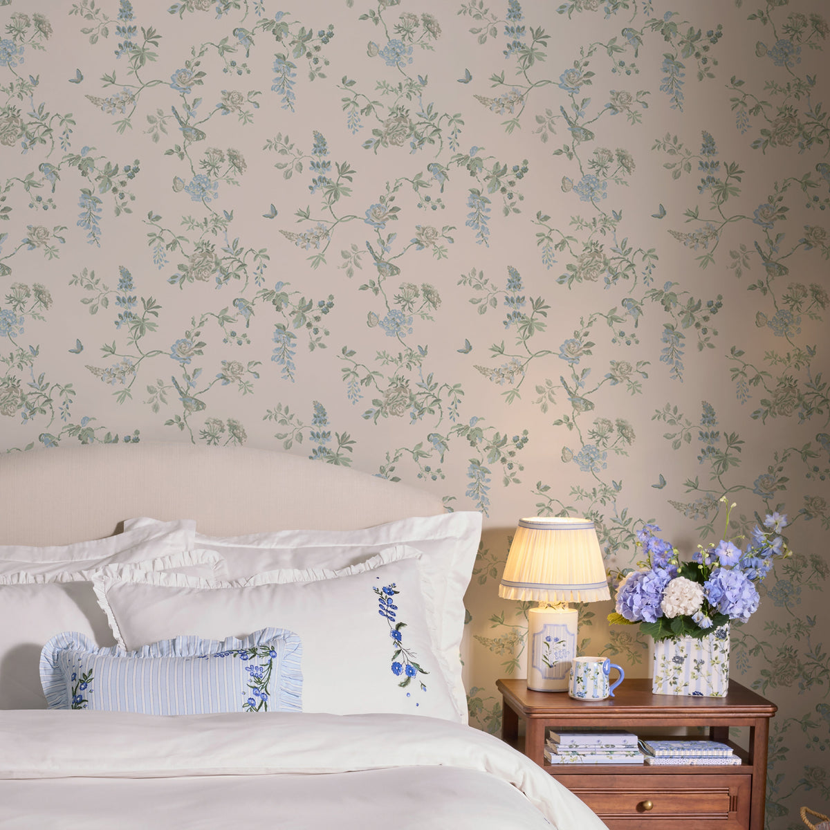 149144 Birds and Roses Blue Cath Kidston AW26 Wallpaper by Cath Kidston