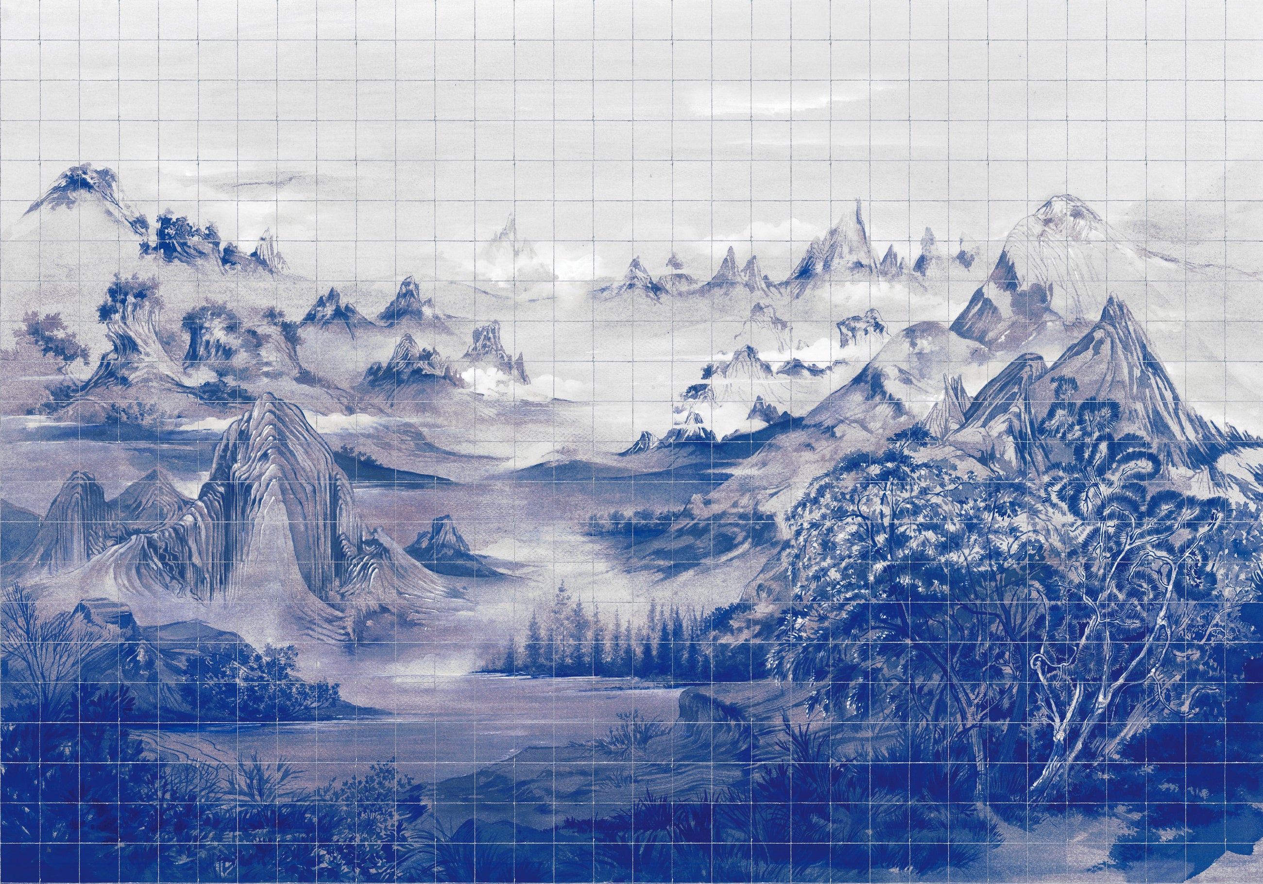 Kami Blue Spirulina Random Chinoiseries II Mural by Coordonné (400x280cm)
