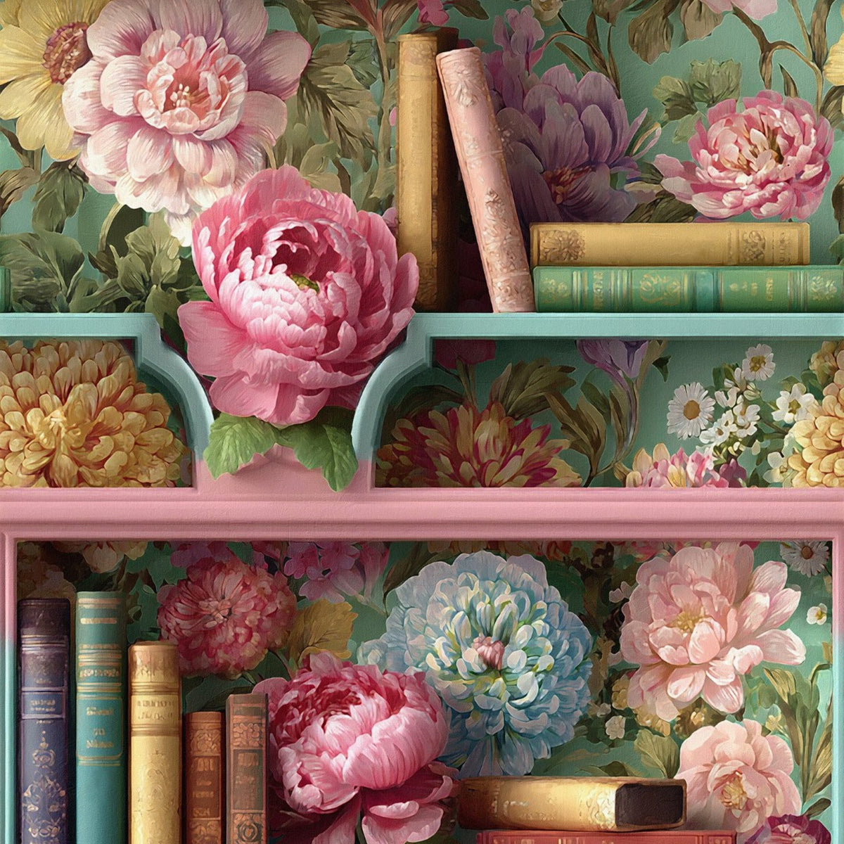 Floral Bookshelf Green Curiosity Wallpaper by A S Creation