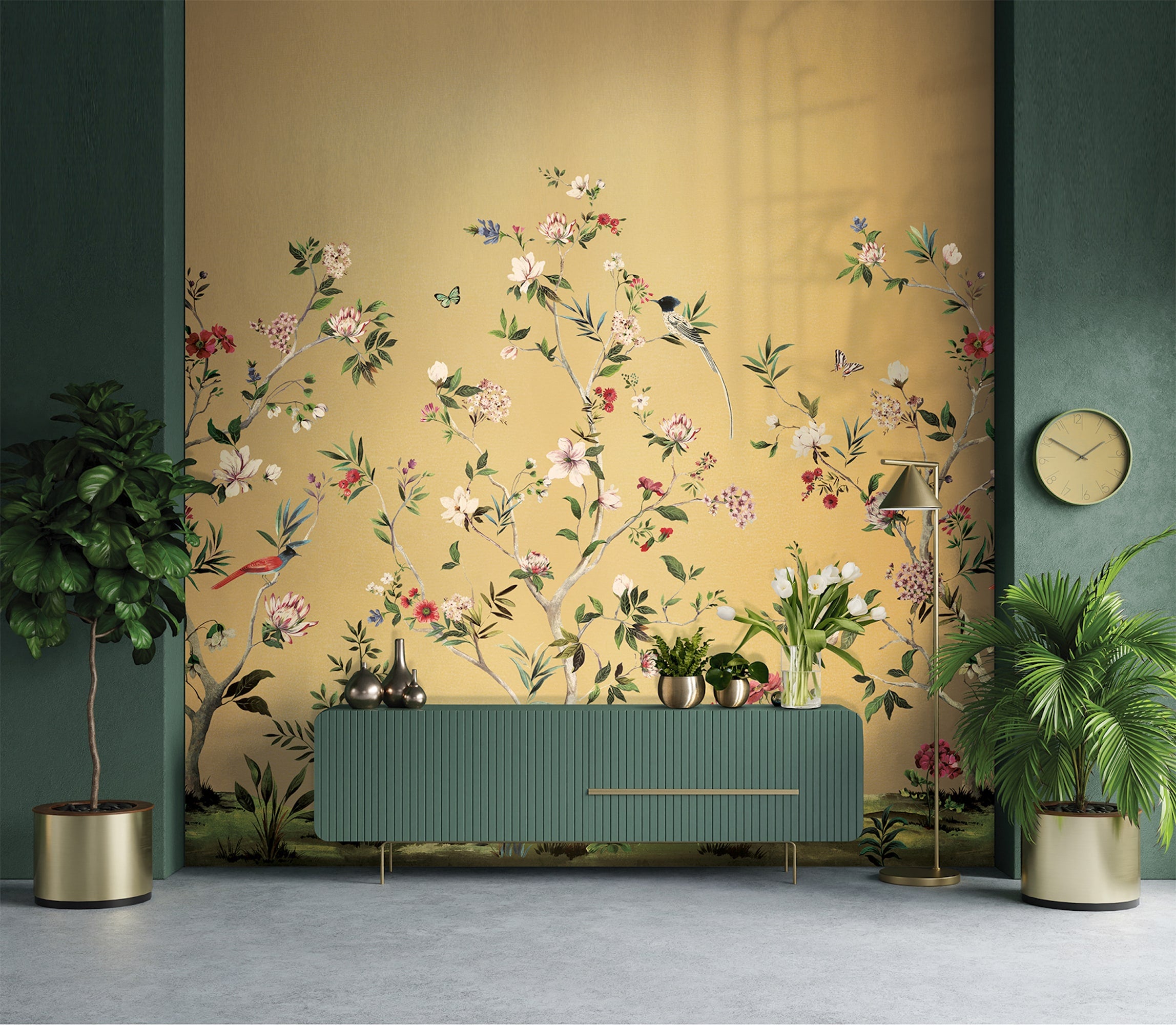 Chinoiserie Magnolia Mural Gold Daisy Bennett Wallpaper by Galerie