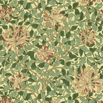 Honeysuckle Morris & Friends Green, Coral and Pink Wallpaper by Morris & Co