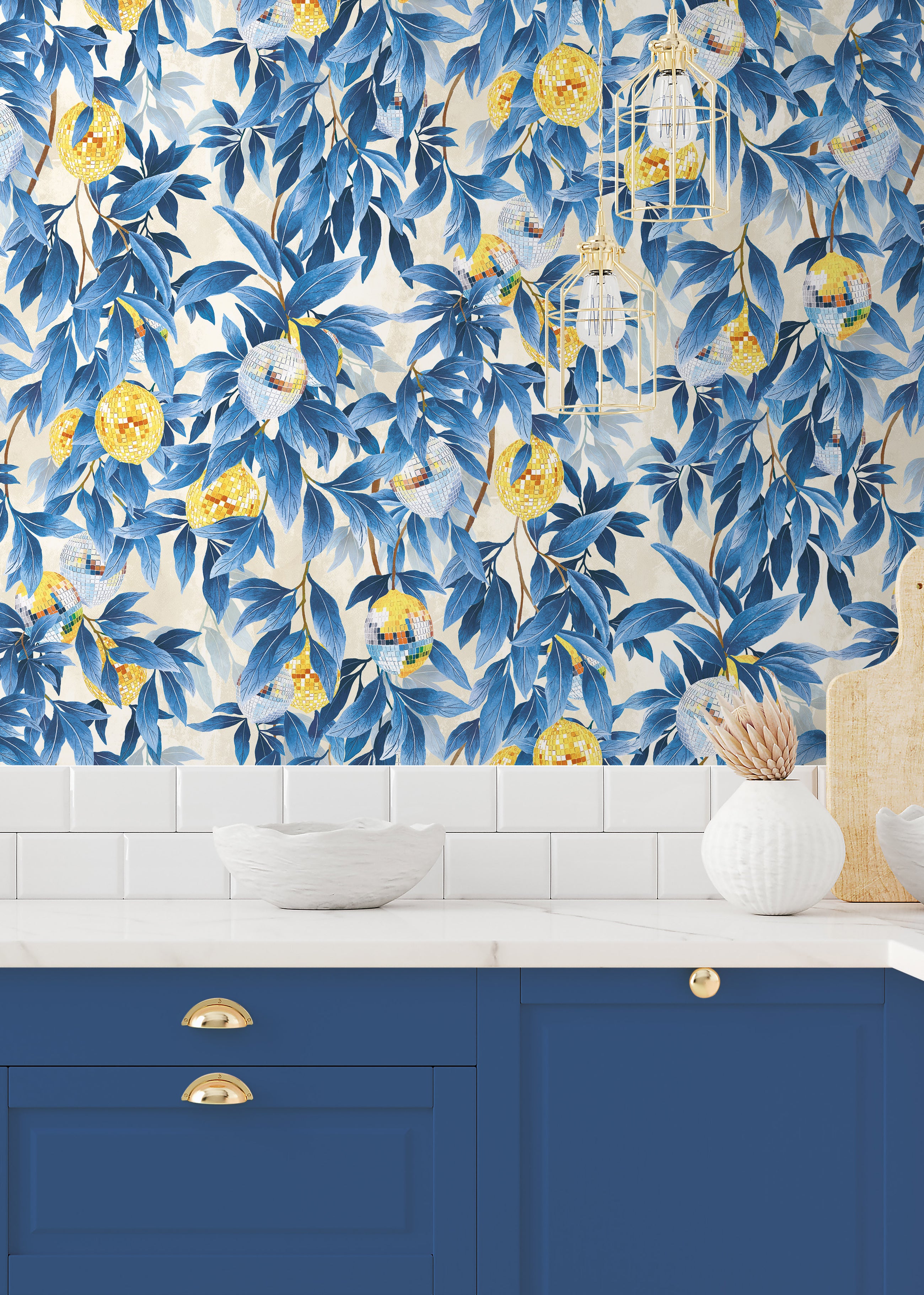 BMGI006/04E Disco Lemons Mediterranean Blue Wallpaper by Brand McKenzie