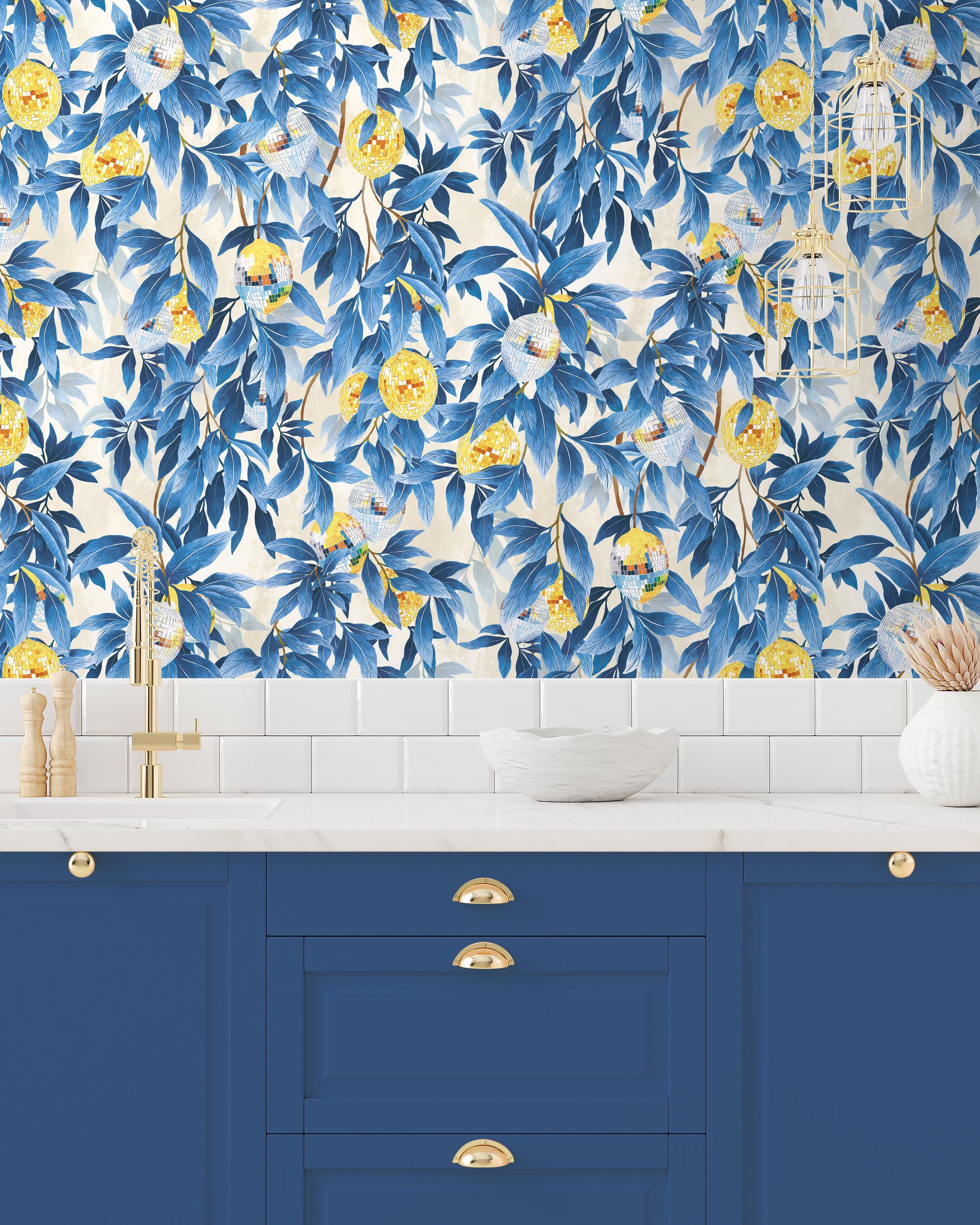 BMGI006/04E Disco Lemons Mediterranean Blue Wallpaper by Brand McKenzie