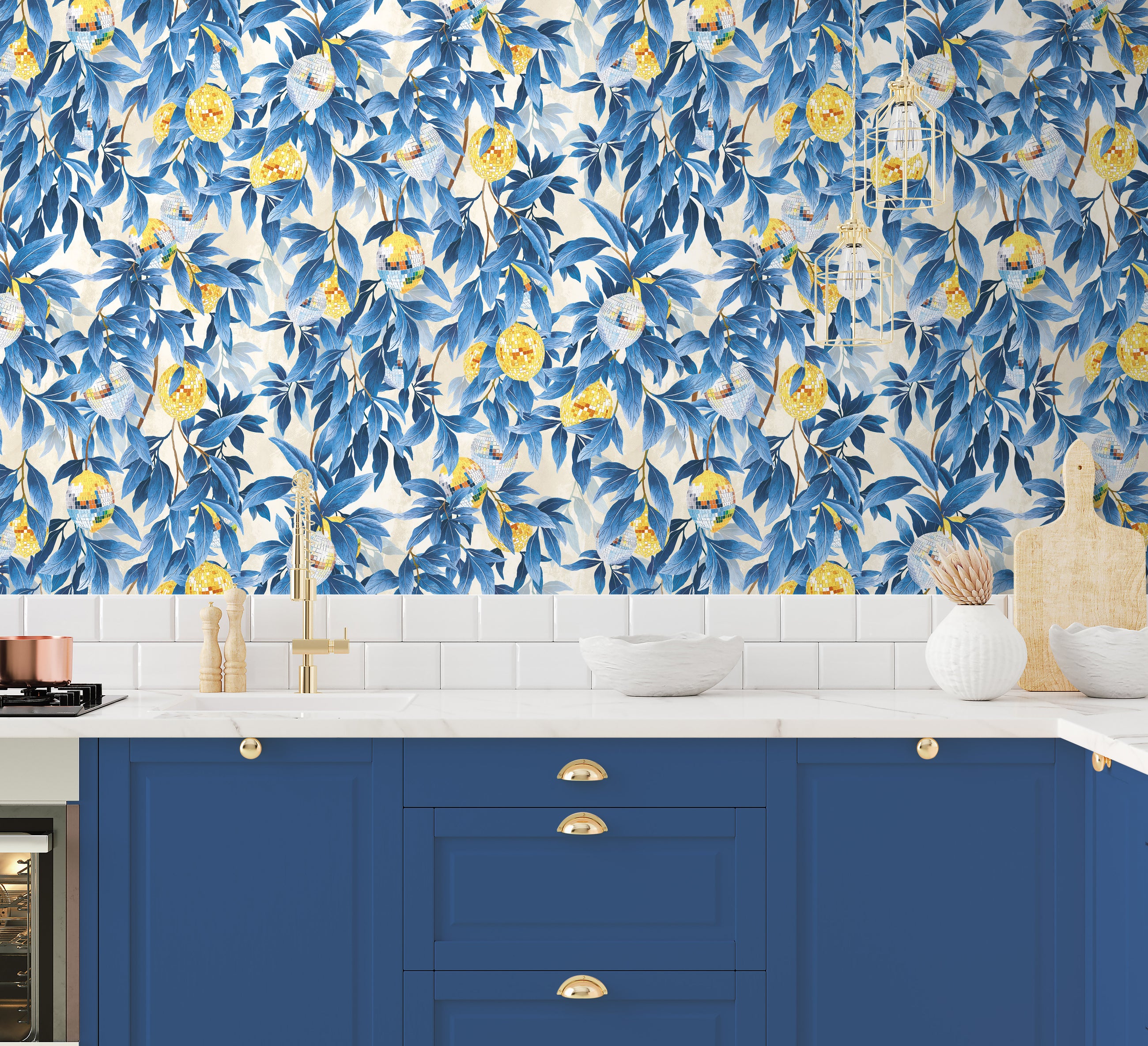 BMGI006/04E Disco Lemons Mediterranean Blue Wallpaper by Brand McKenzie