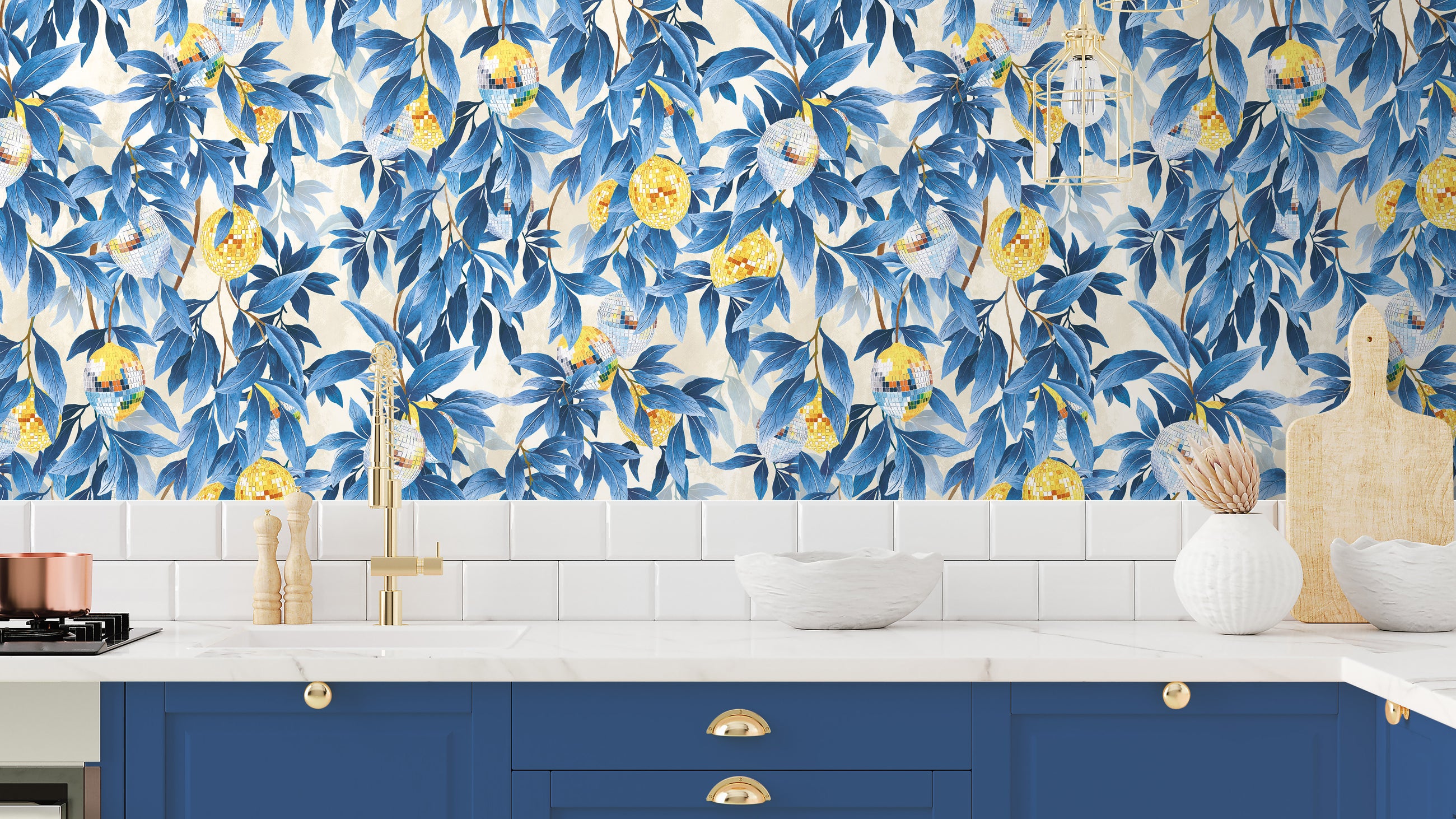 BMGI006/04E Disco Lemons Mediterranean Blue Wallpaper by Brand McKenzie