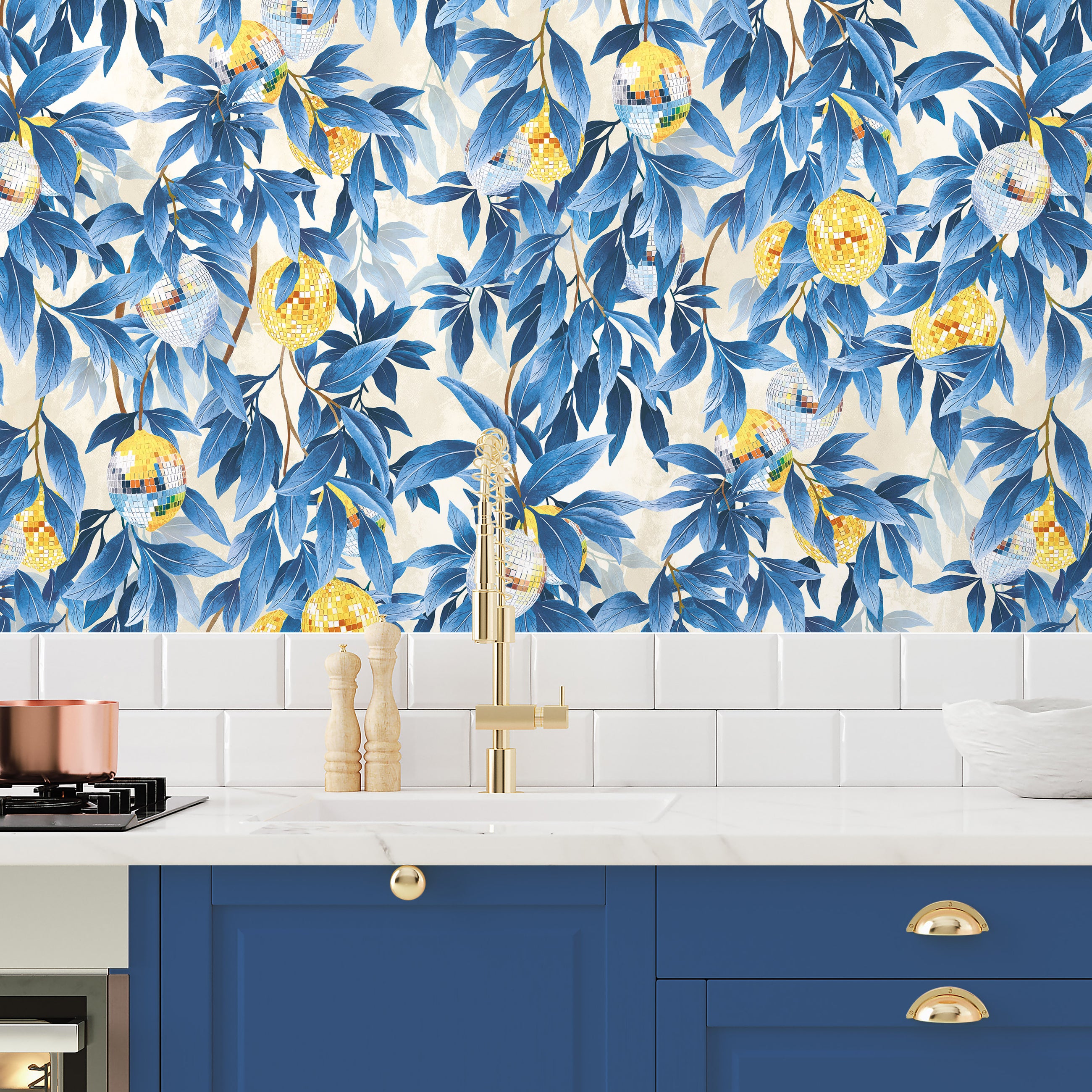 BMGI006/04E Disco Lemons Mediterranean Blue Wallpaper by Brand McKenzie