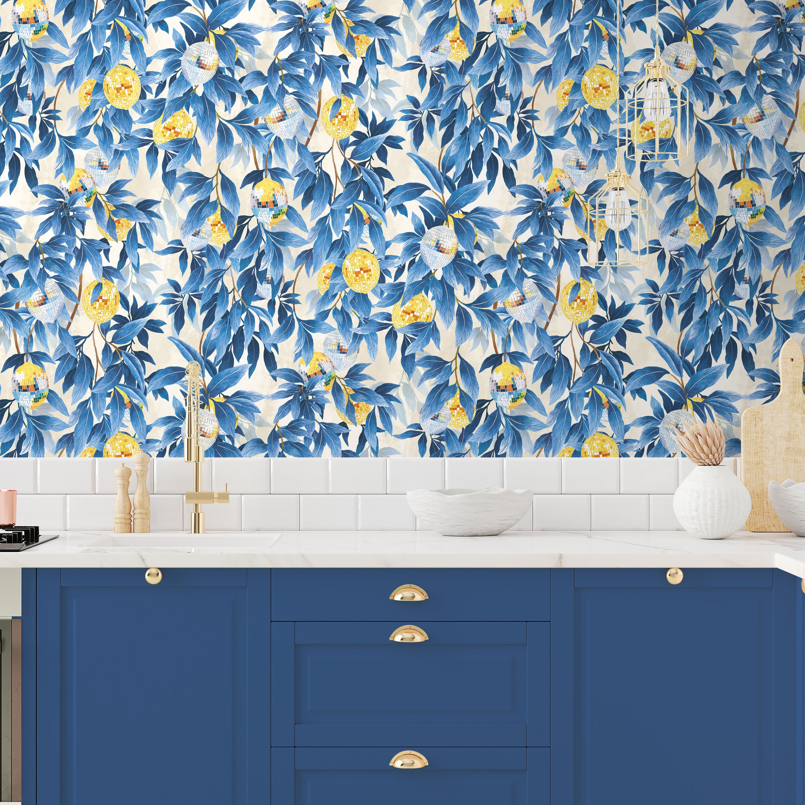 BMGI006/04E Disco Lemons Mediterranean Blue Wallpaper by Brand McKenzie