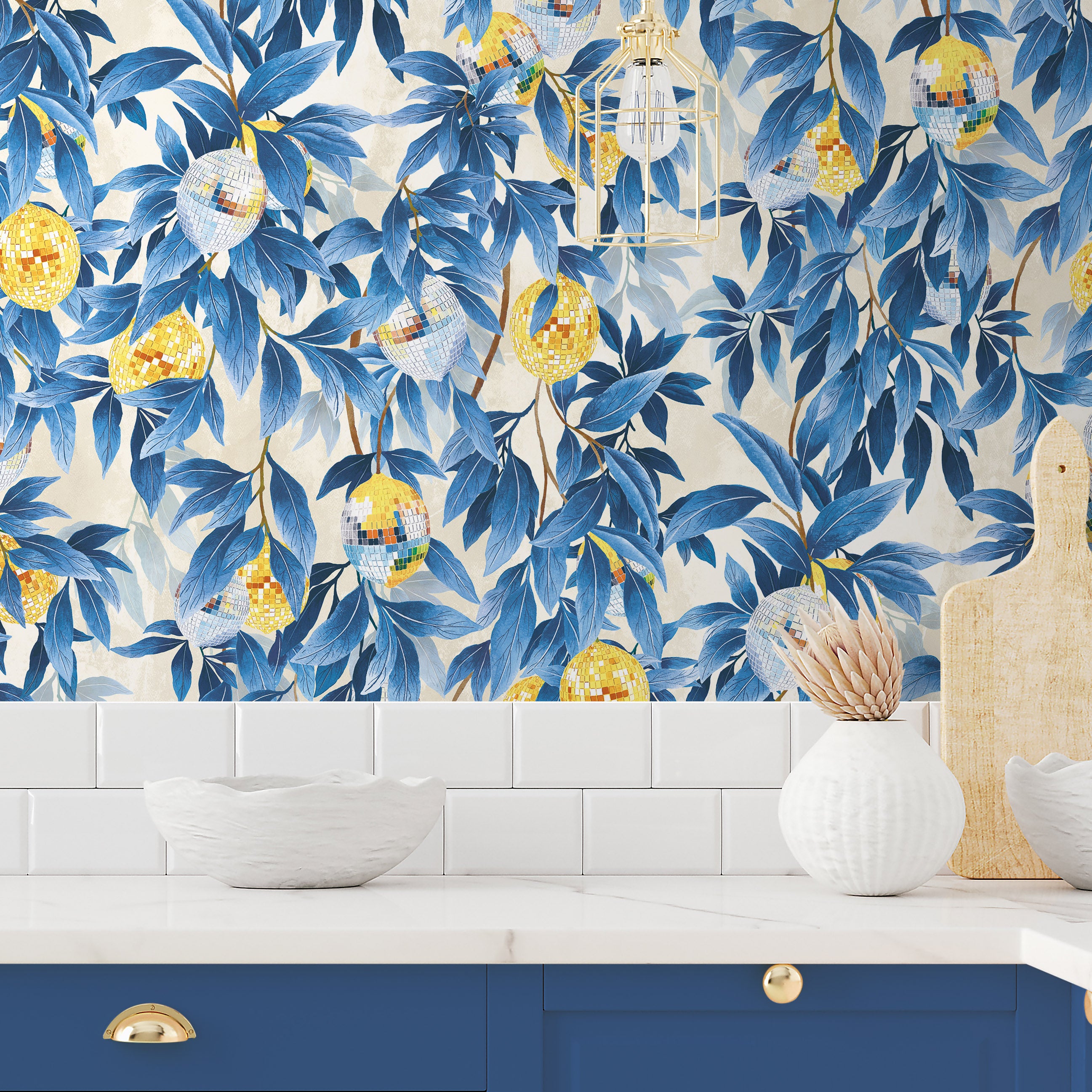 BMGI006/04E Disco Lemons Mediterranean Blue Wallpaper by Brand McKenzie