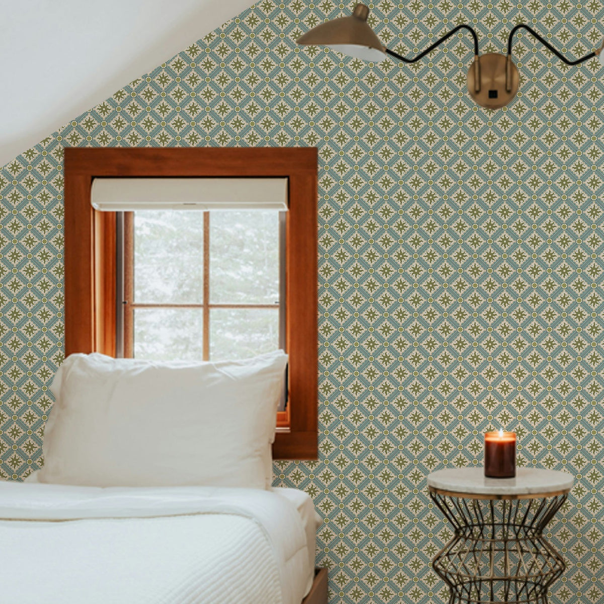 Nova and Sol wallpaper by Josephine Munsey, a small hand painted celestial print papered across the sloping walls of an attic bedroom