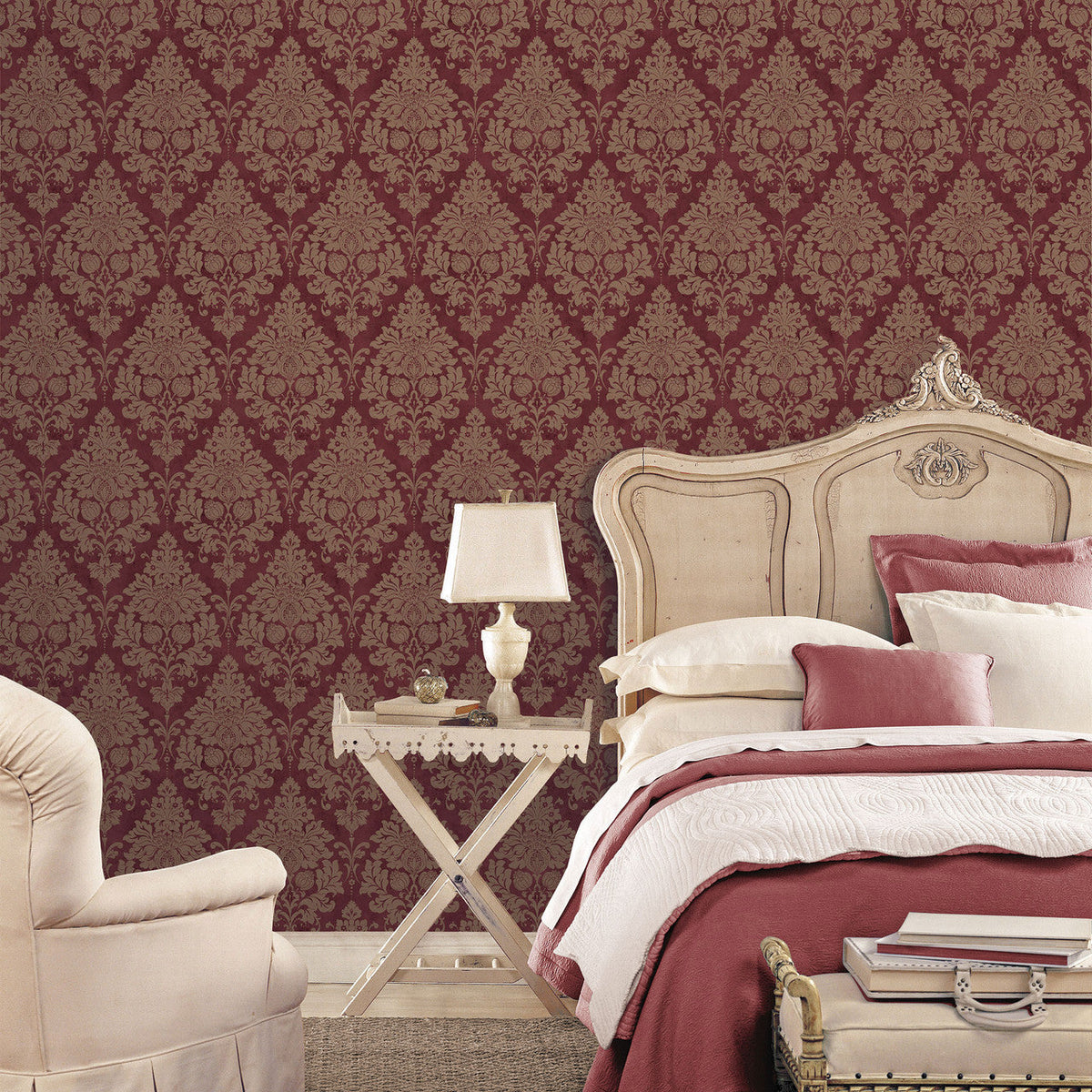 Burgundy damask wallpaper in a bedroom