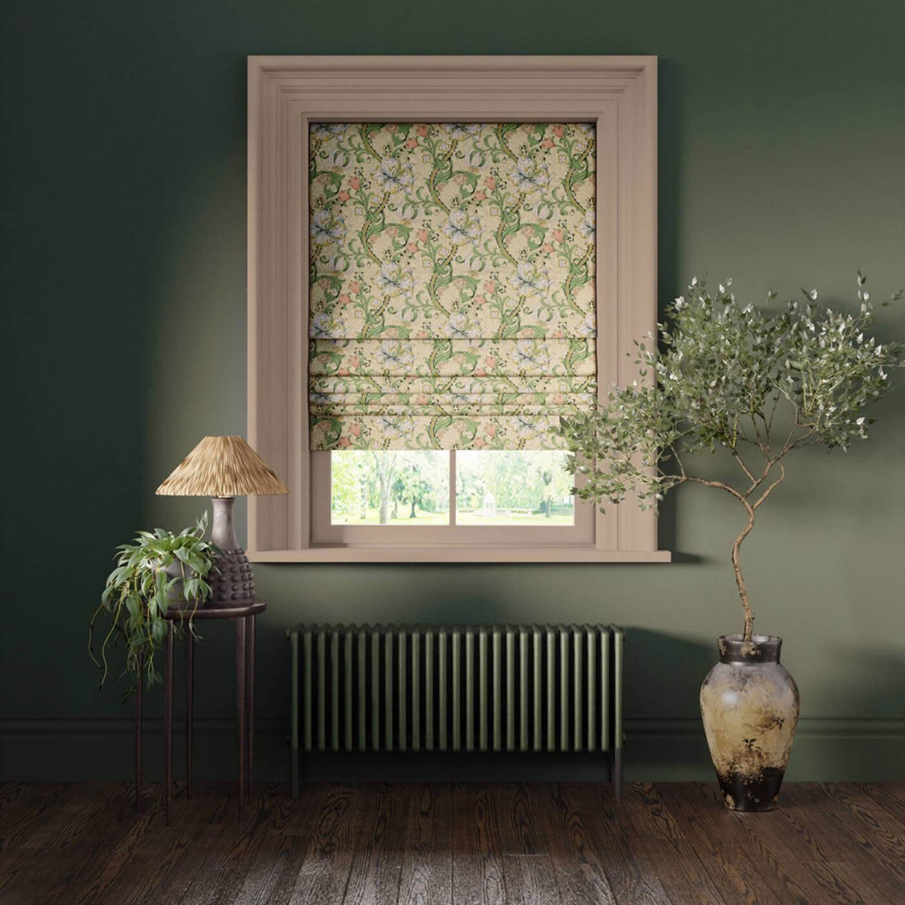 F1677/03 Golden Lily William Morris Designs Linen and Blush Fabric by Clarke & Clarke