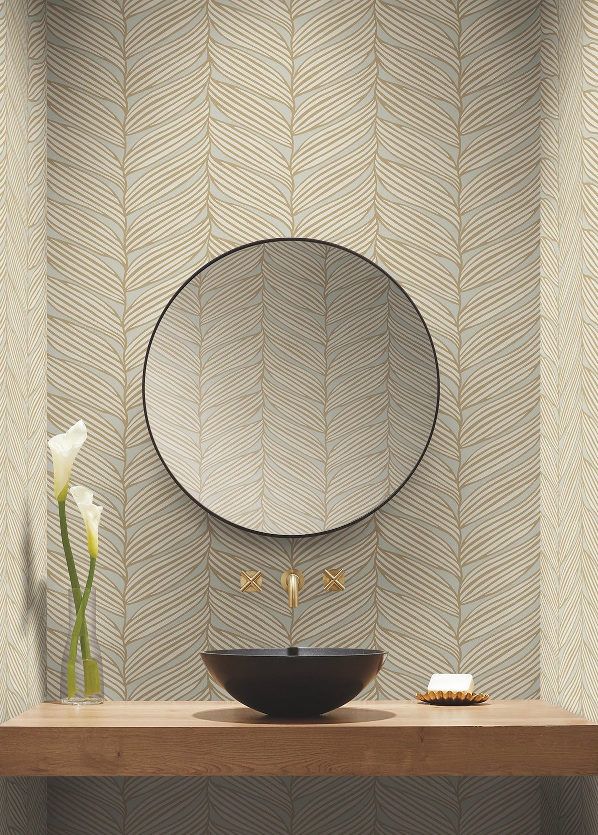 MD7162 Luminous Leaves Neutral & Gold Modern Metals Wallpaper by York Wallcoverings