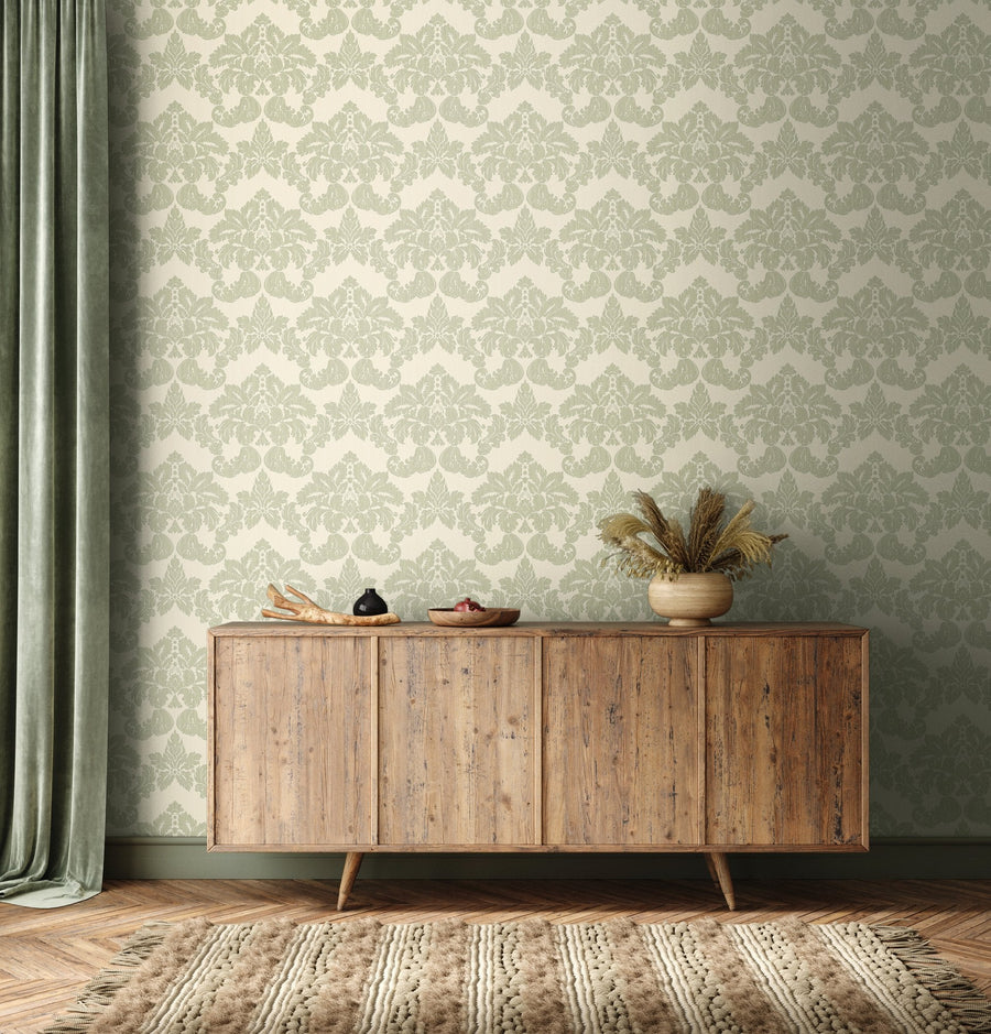 HWA1554W Windsor Damask Soft Sage New Heritage Wallpaper by Hoopla Walls