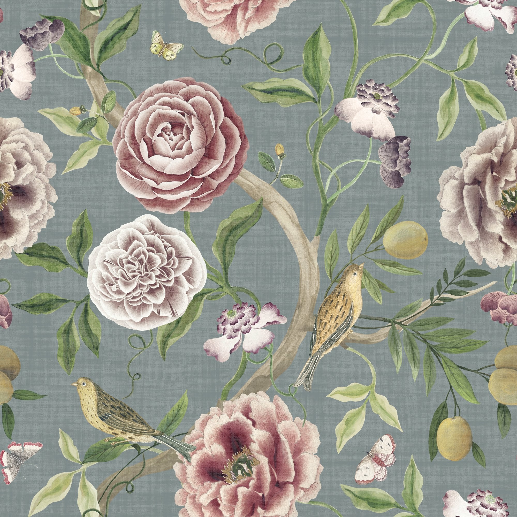 100076EHFR Chinoiserie Garden Slate Blue Heritage Tales Fabric by Esselle Home