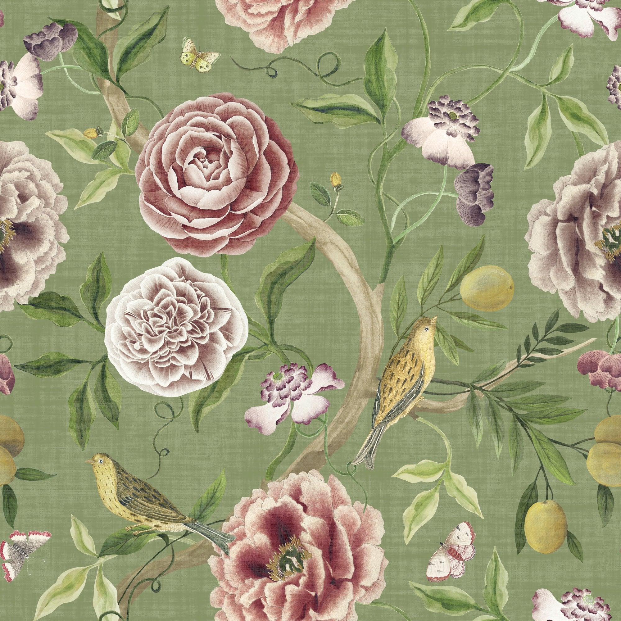 100077EHFR Chinoiserie Garden Spring Green Heritage Tales Fabric by Esselle Home
