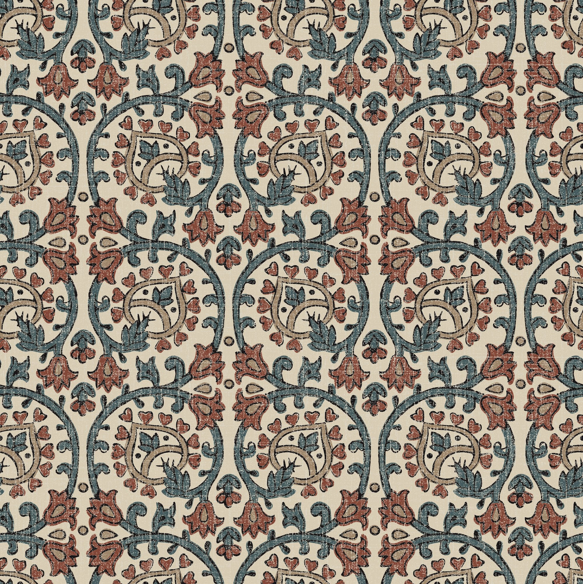 100078EHFR Veda Linen Spice Blue Heritage Tales Fabric by Esselle Home