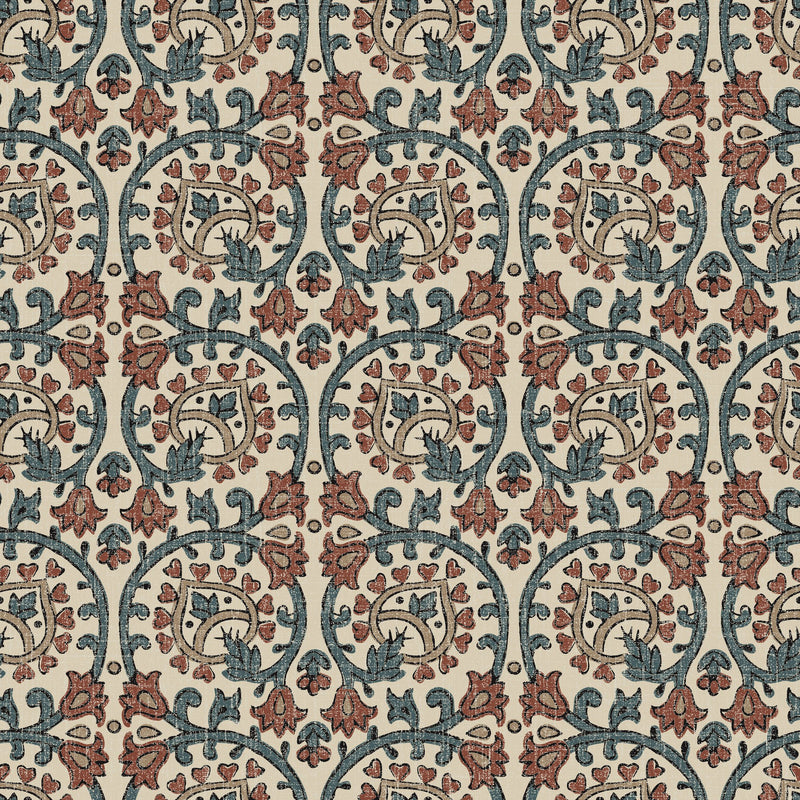 100078EHFR Veda Linen Spice Blue Heritage Tales Fabric by Esselle Home