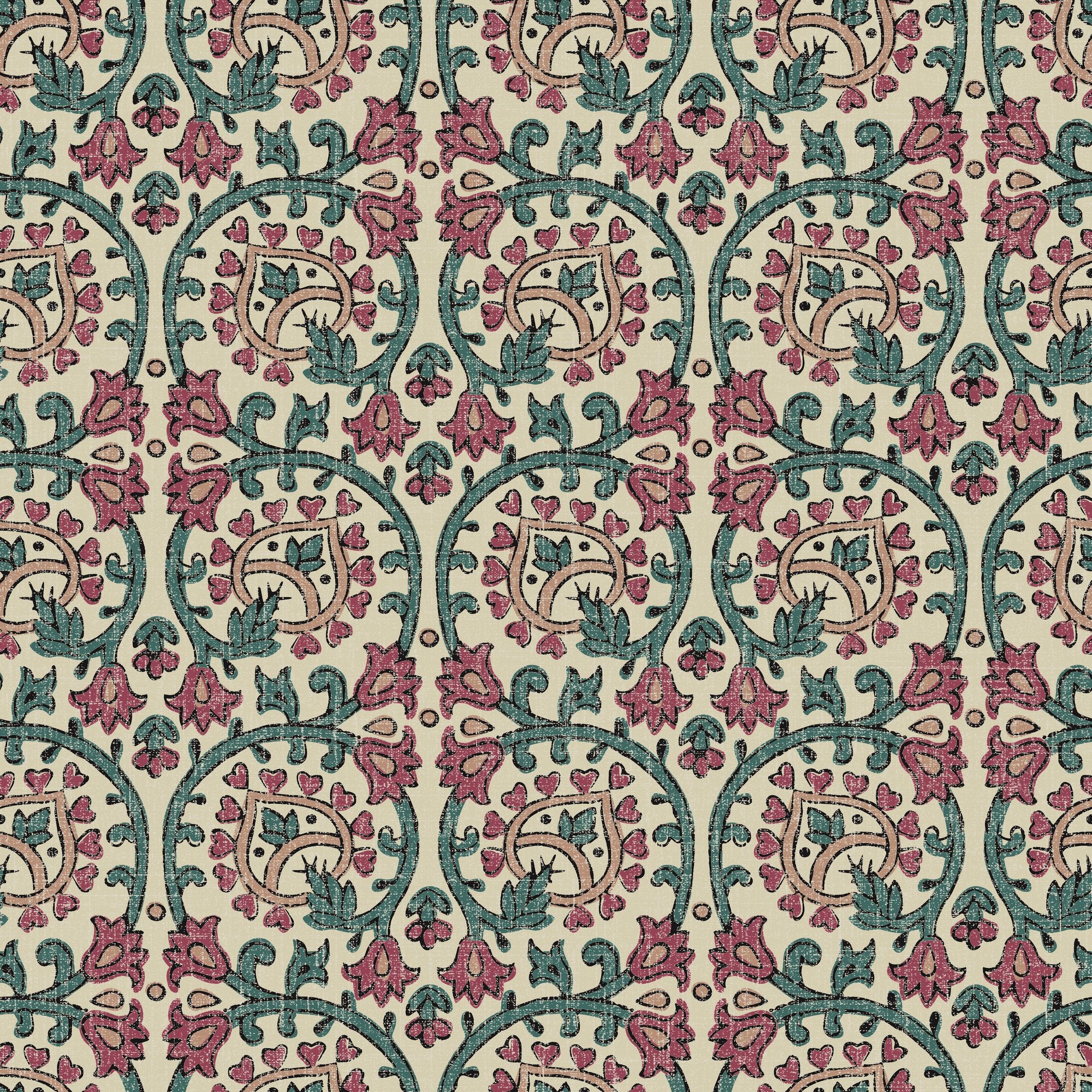 100079EHFR Veda Linen Teal/Raspberry Heritage Tales Fabric by Esselle Home