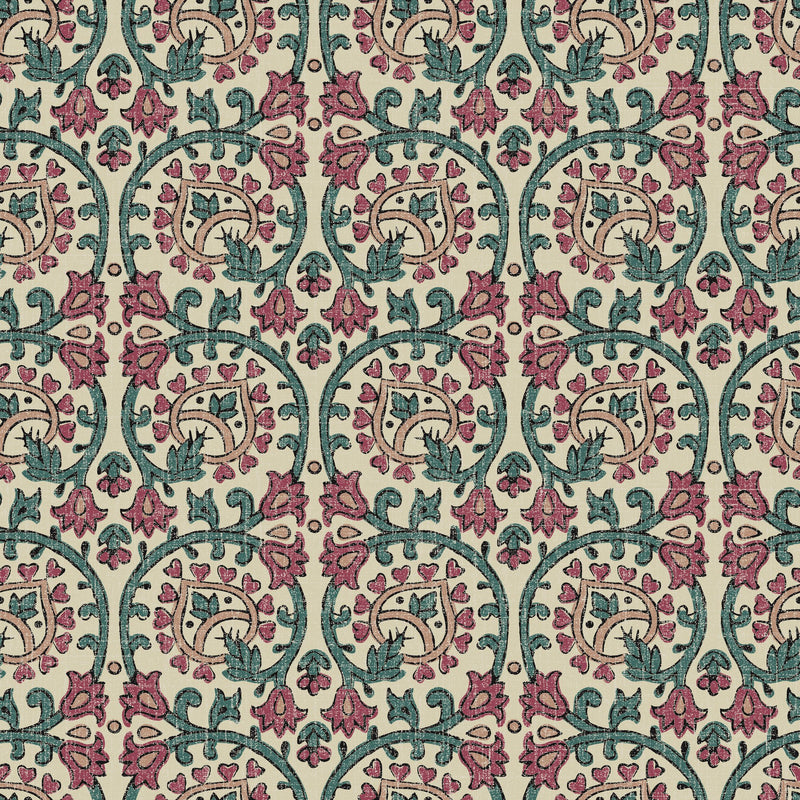 100079EHFR Veda Linen Teal/Raspberry Heritage Tales Fabric by Esselle Home