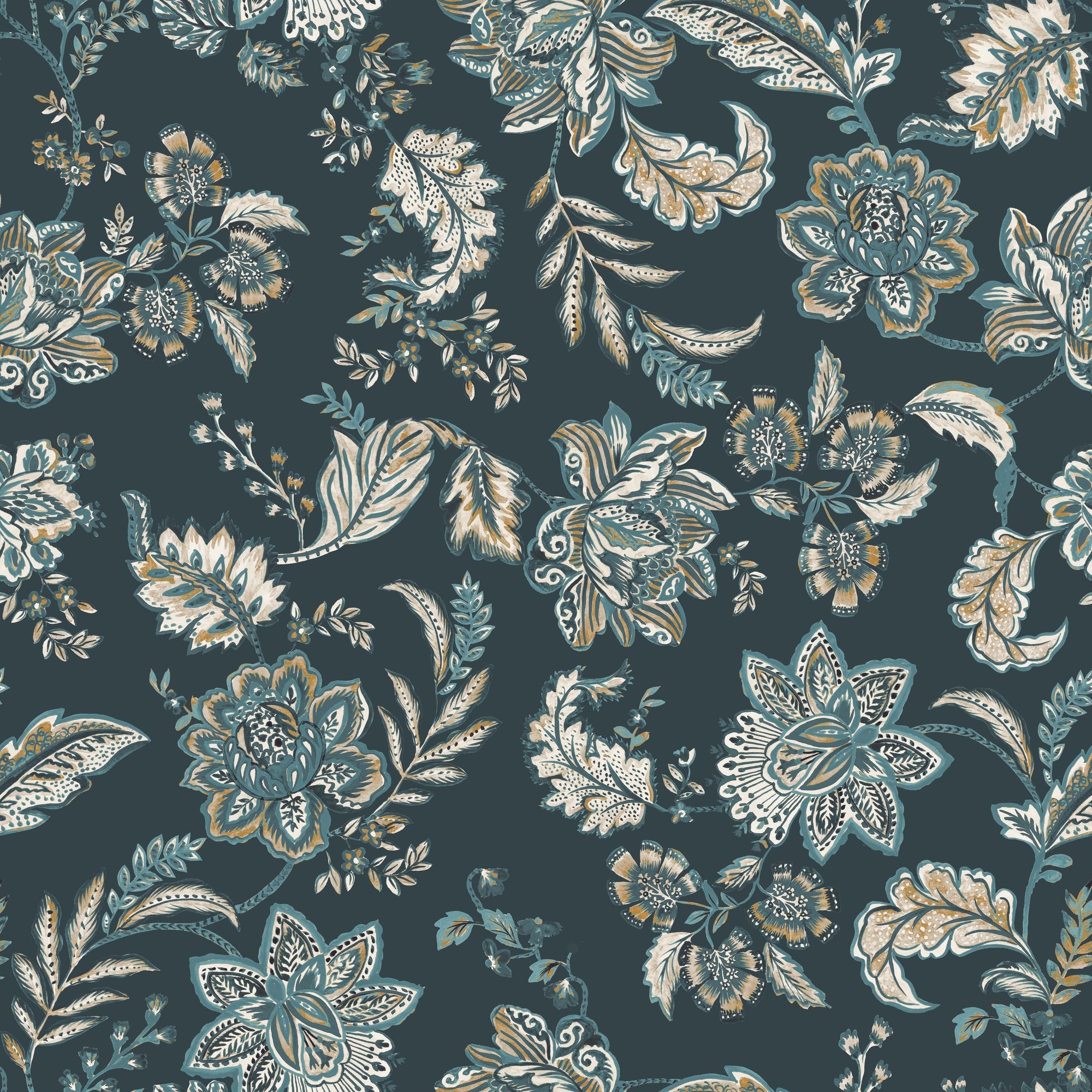 100080EHFR Kashmir Jacobean Navy/Teal Heritage Tales Fabric by Esselle Home
