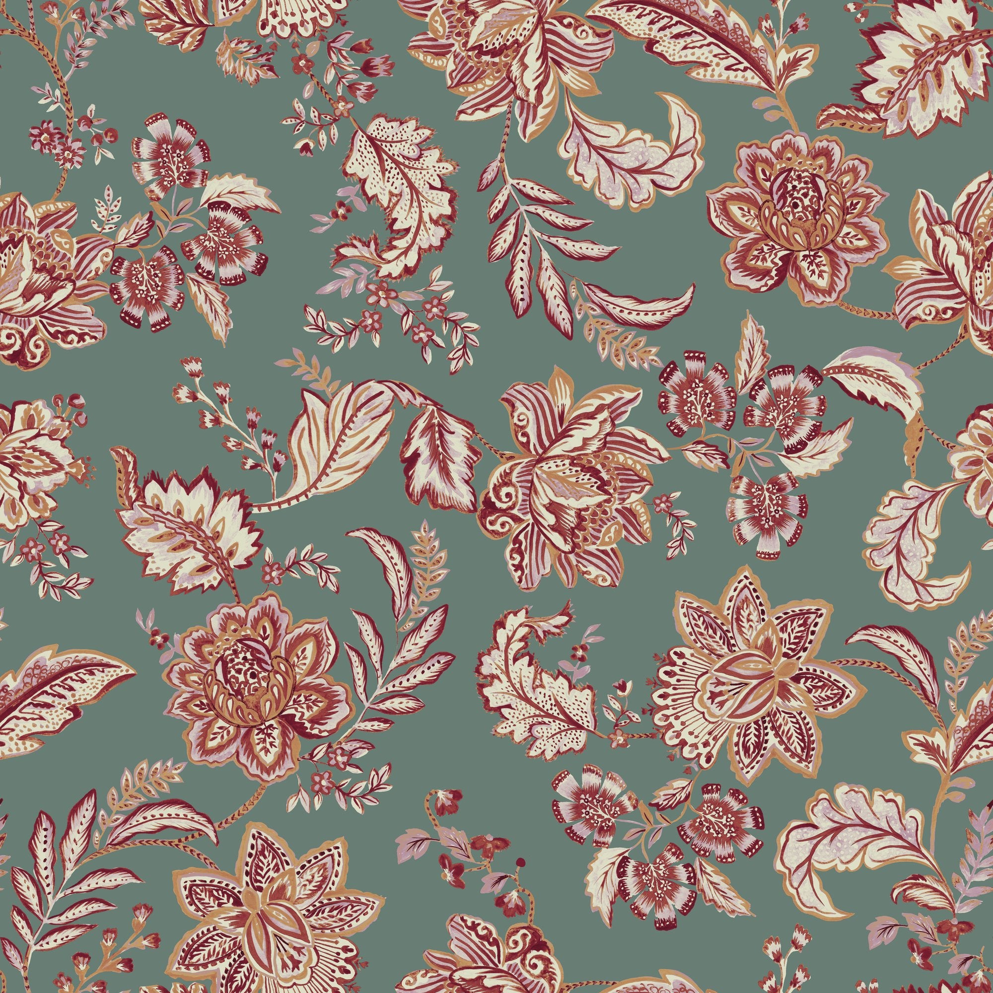 100081EHFR Kashmir Jacobean Teal/Raspberry Heritage Tales Fabric by Esselle Home
