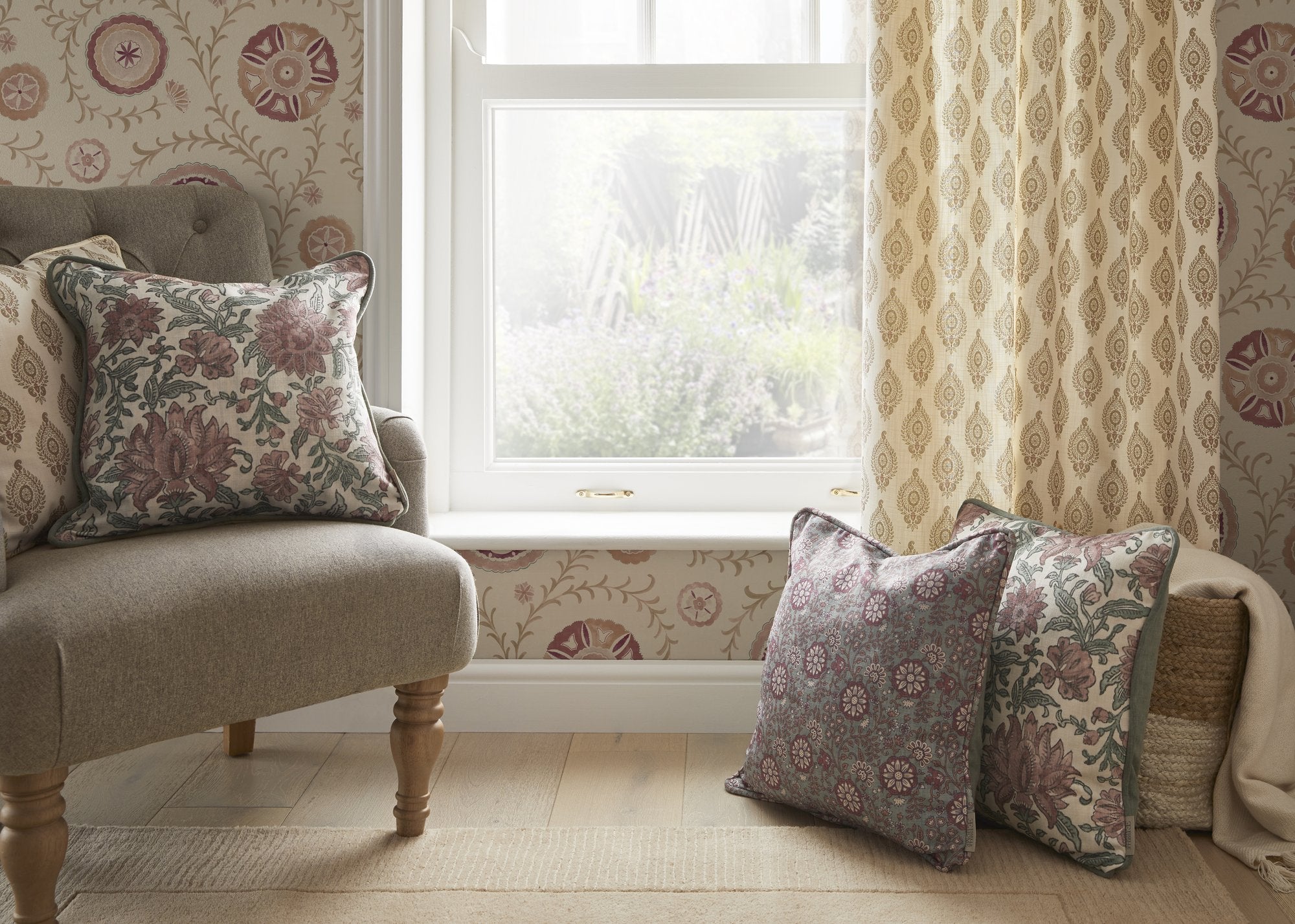 100085EHFR Naya Motif Neutral/Rose Heritage Tales Fabric by Esselle Home
