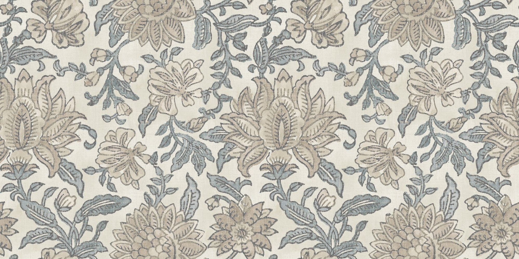 100129EHFR Nima Floral Taupe/Soft Blue Heritage Tales Fabric by Esselle Home