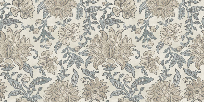 100129EHFR Nima Floral Taupe/Soft Blue Heritage Tales Fabric by Esselle Home