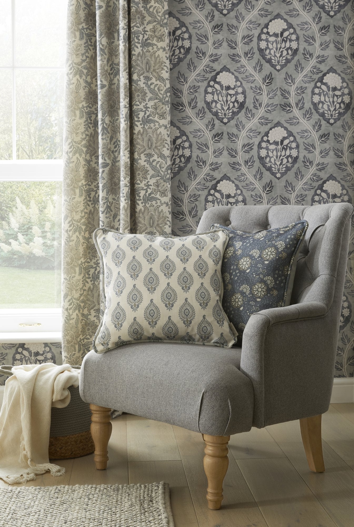 100129EHFR Nima Floral Taupe/Soft Blue Heritage Tales Fabric by Esselle Home