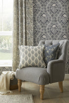 100129EHFR Nima Floral Taupe/Soft Blue Heritage Tales Fabric by Esselle Home