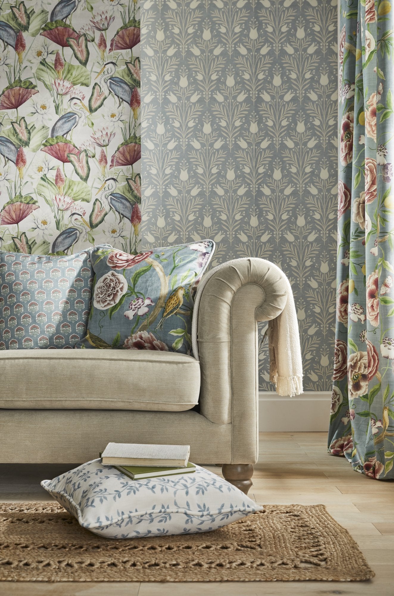 100132EHFR Wallington Floral Moss/Raspberry Heritage Tales Fabric by Esselle Home