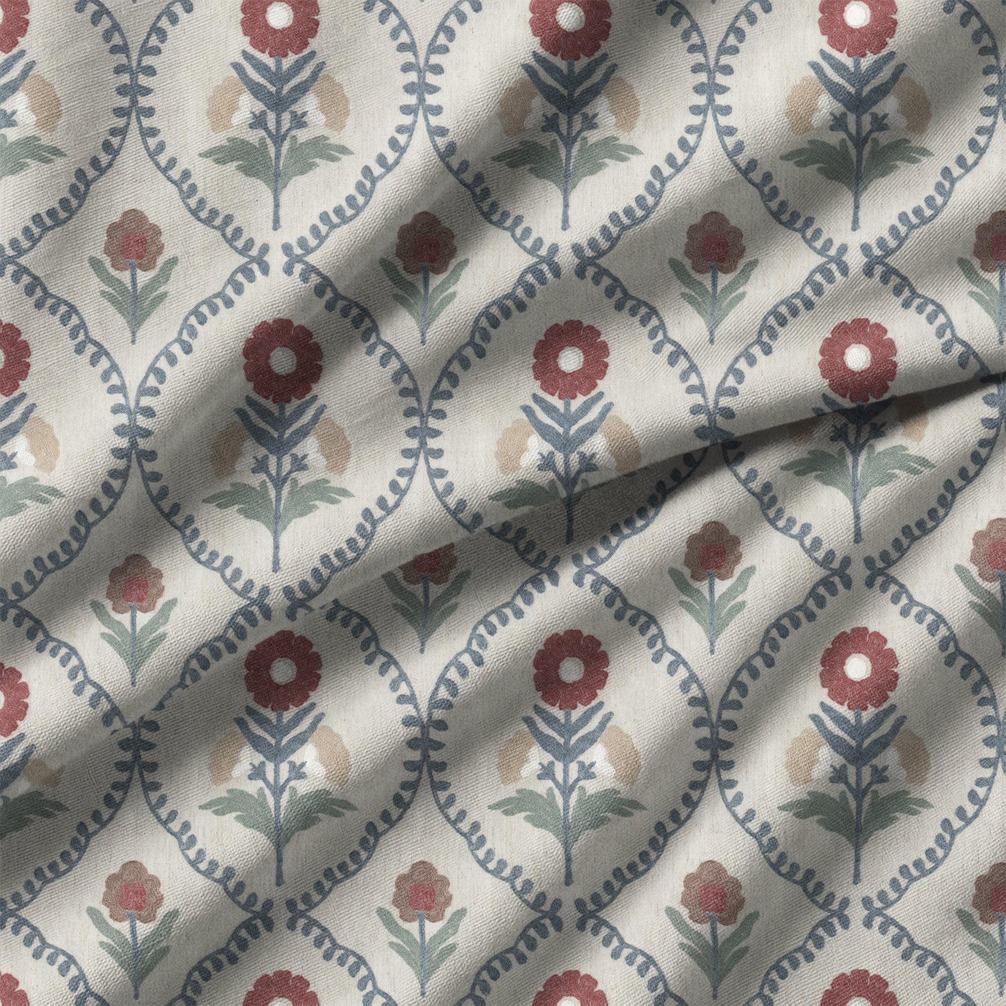 100910BH Milford Blue/Burgundy Belfield Fabric by Belfield Home