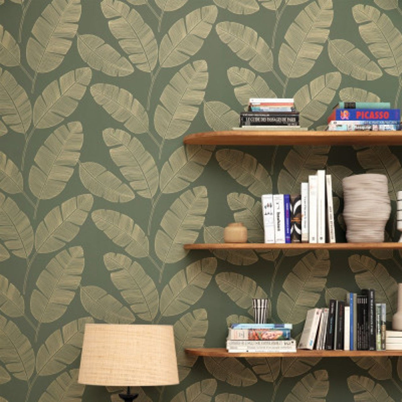 101107142 Moonlight Banana Tree Green & Co Vert Kaki Wallpaper By Caselio