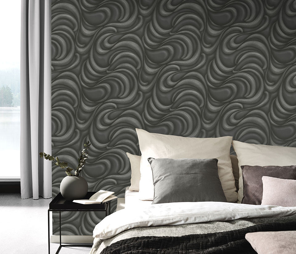 10220-15 Waves Charcoal Metallic Fashion for Walls 2 Wallpaper By Erismann