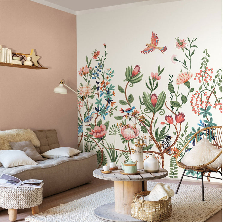 102414070 Panoramique Luna Rose Vert Fond Blanc Mural by Caselio