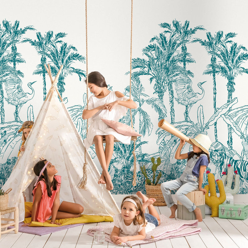 102436060 Panoramique La Jungle Enchantee Bleu Mural by Caselio