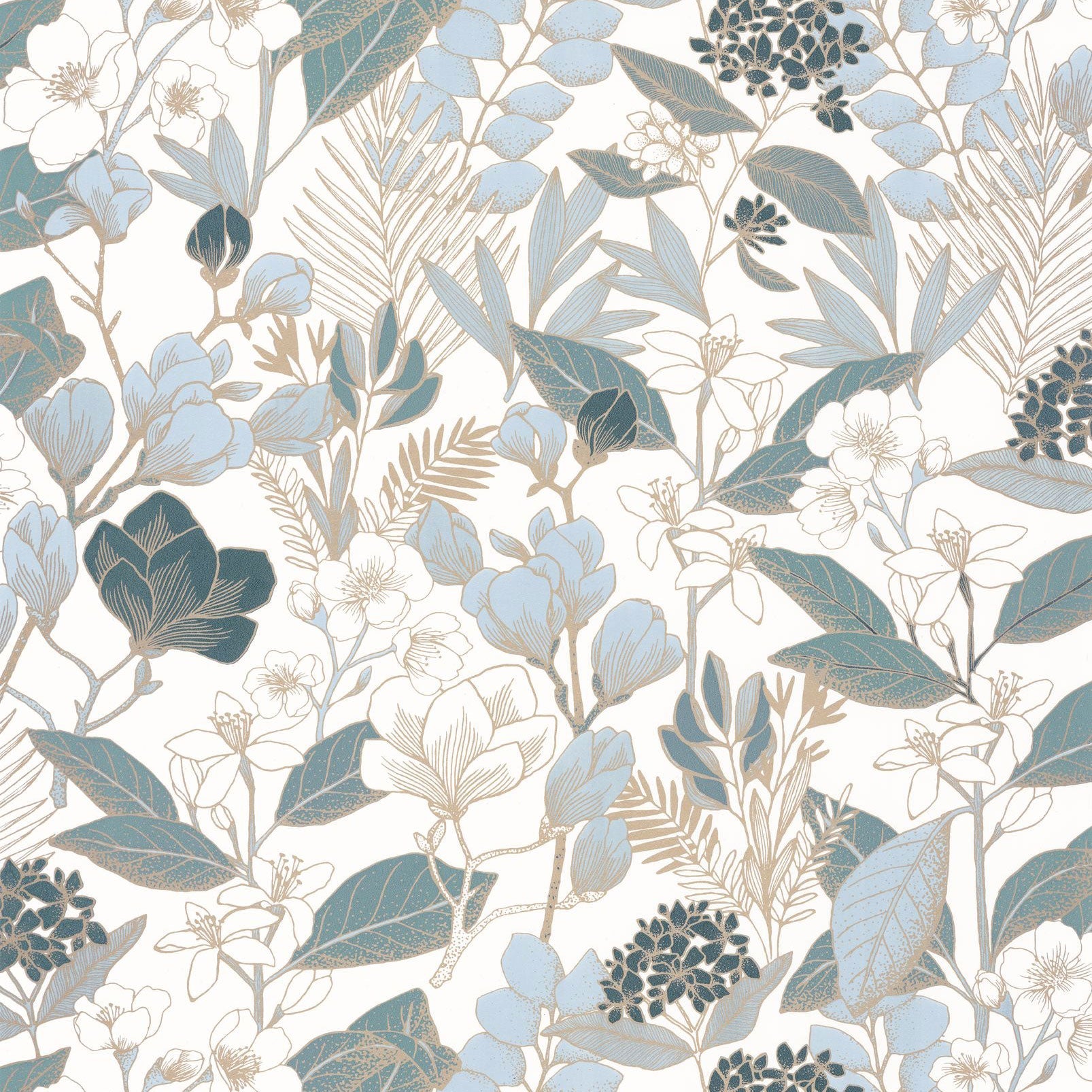 BLS102656260 Lovely Field Teal Blue Dore Fond Blanc Tzal Blue Dore Fond Blanc Wallpaper by Caselio