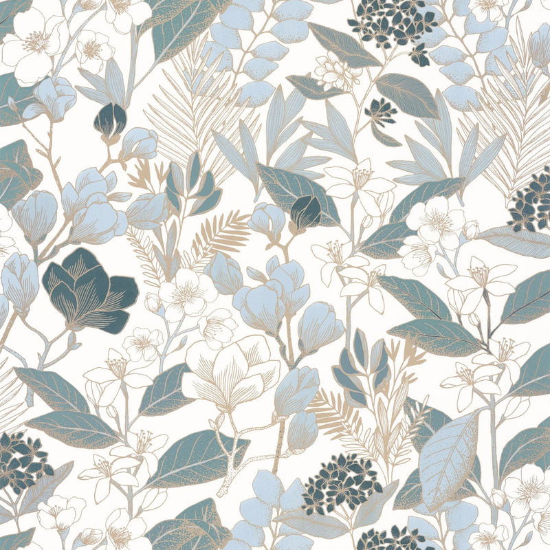 BLS102656260 Lovely Field Teal Blue Dore Fond Blanc Tzal Blue Dore Fond Blanc Wallpaper by Caselio
