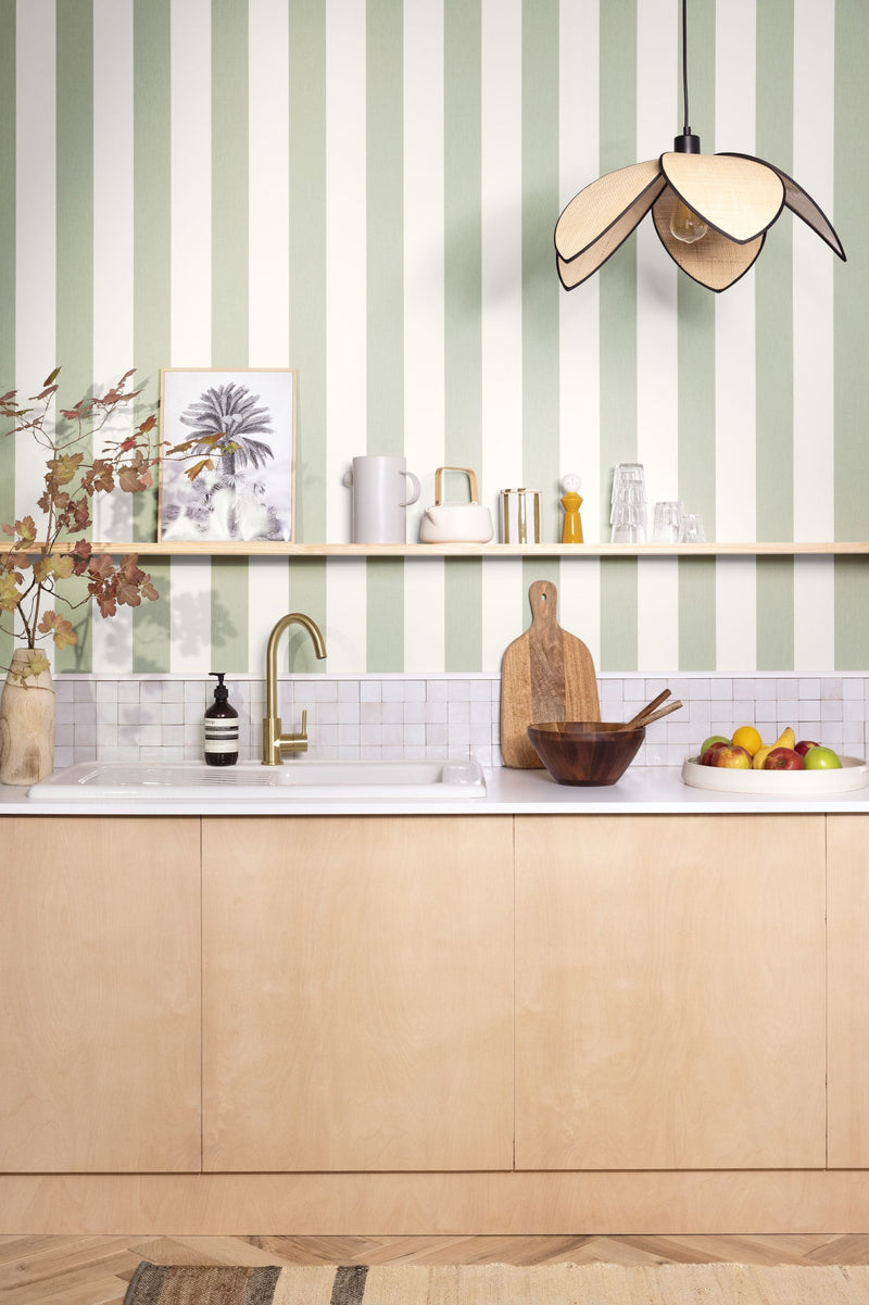 Linen Lines Vert Amande Line Up Wallpaper by Caselio