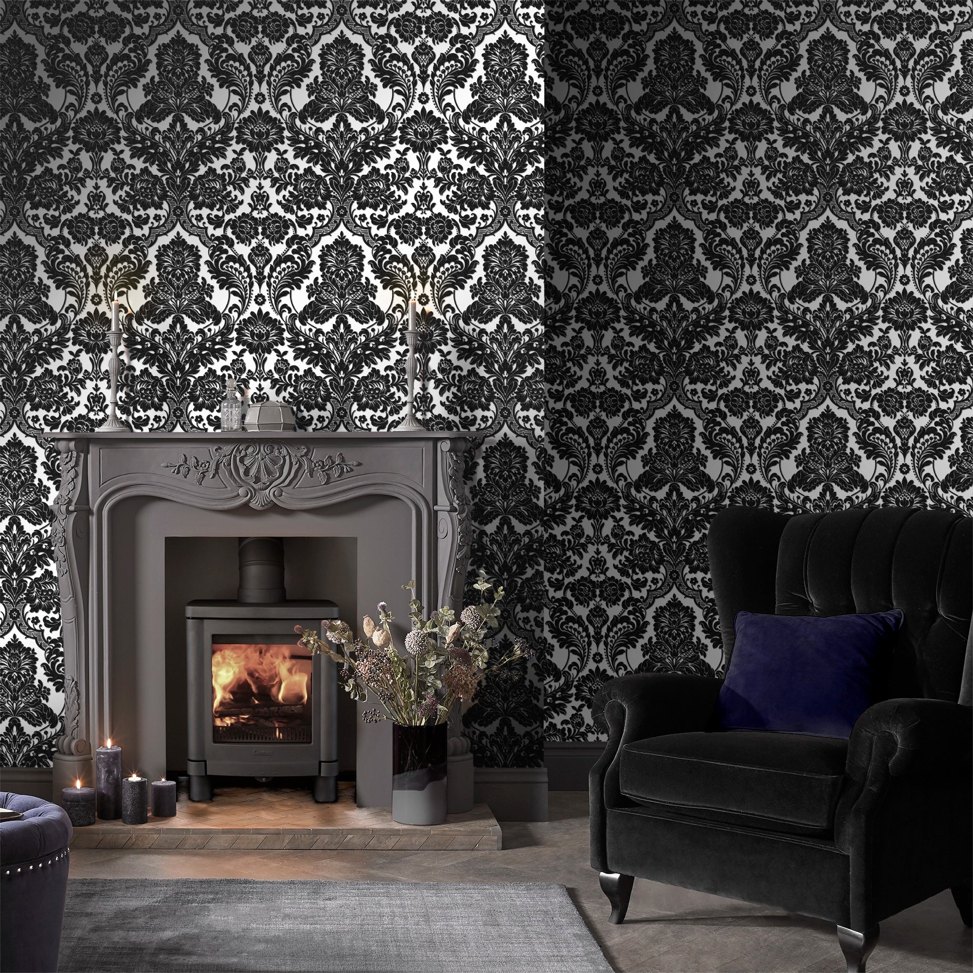 104562 Gothic Damask Flock Established Wallpaper by Graham and Brown
