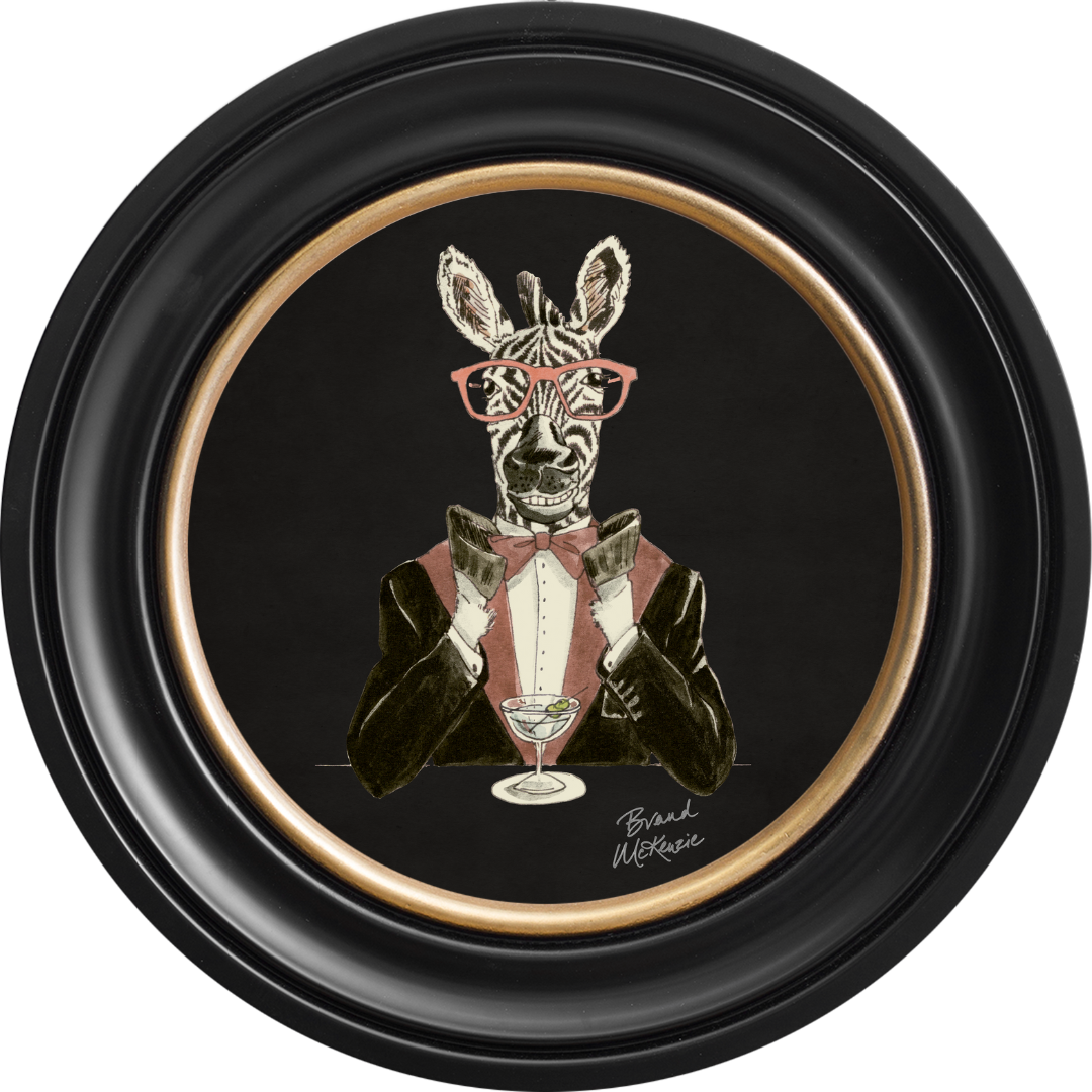 Happy Hour Marty on Charcoal Black Framed Art Prints by Brand McKenzie