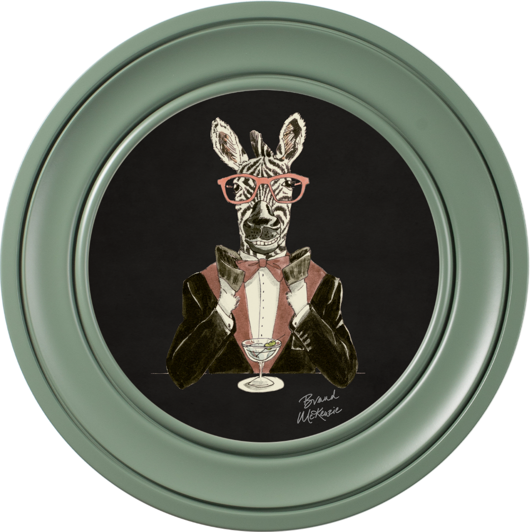 Happy Hour Marty on Charcoal Black Framed Art Prints by Brand McKenzie