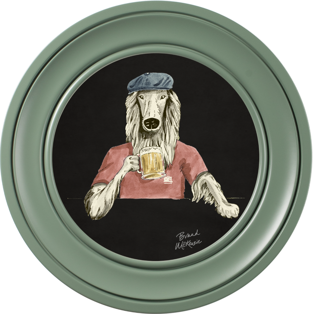 Happy Hour Bruce on Charcoal Black Framed Art Prints by Brand McKenzie