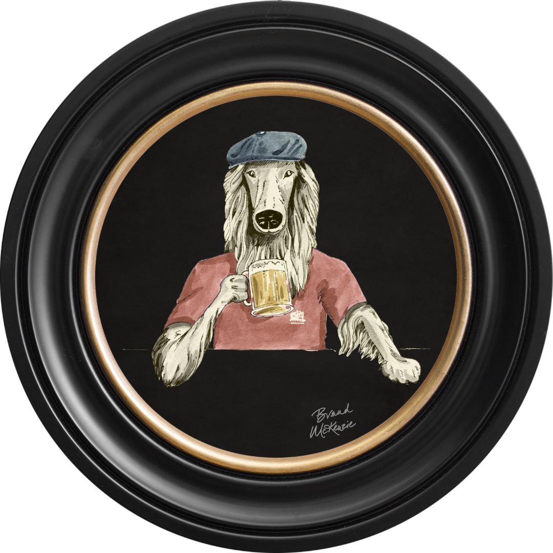 Happy Hour Bruce on Charcoal Black Framed Art Prints by Brand McKenzie