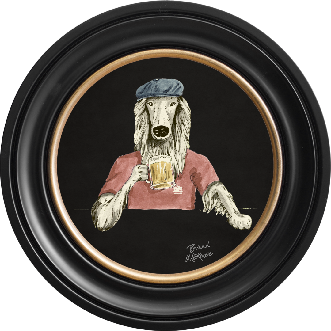 Happy Hour Bruce on Charcoal Black Framed Art Prints by Brand McKenzie