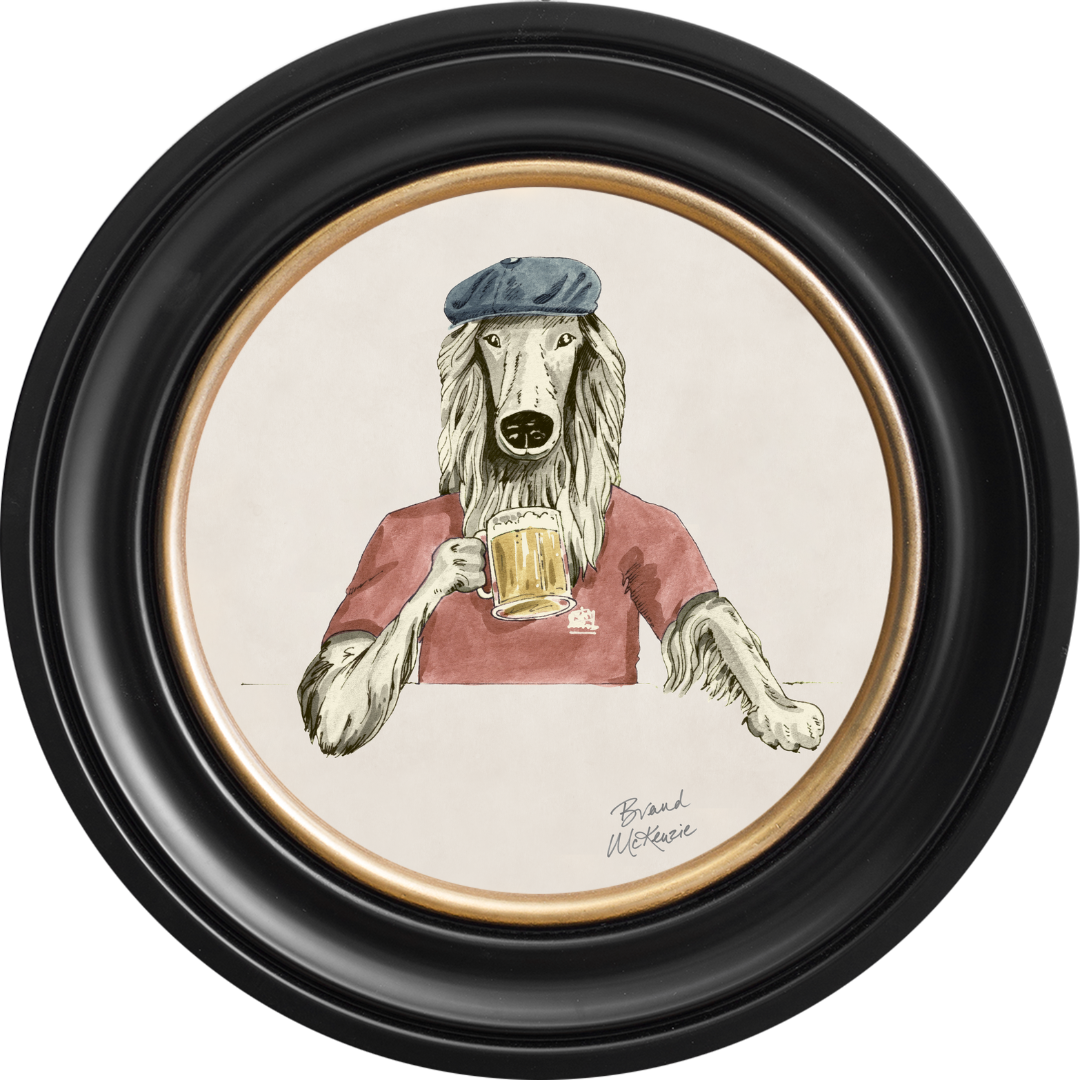 Happy Hour Bruce on Chalk White Framed Art Prints by Brand McKenzie