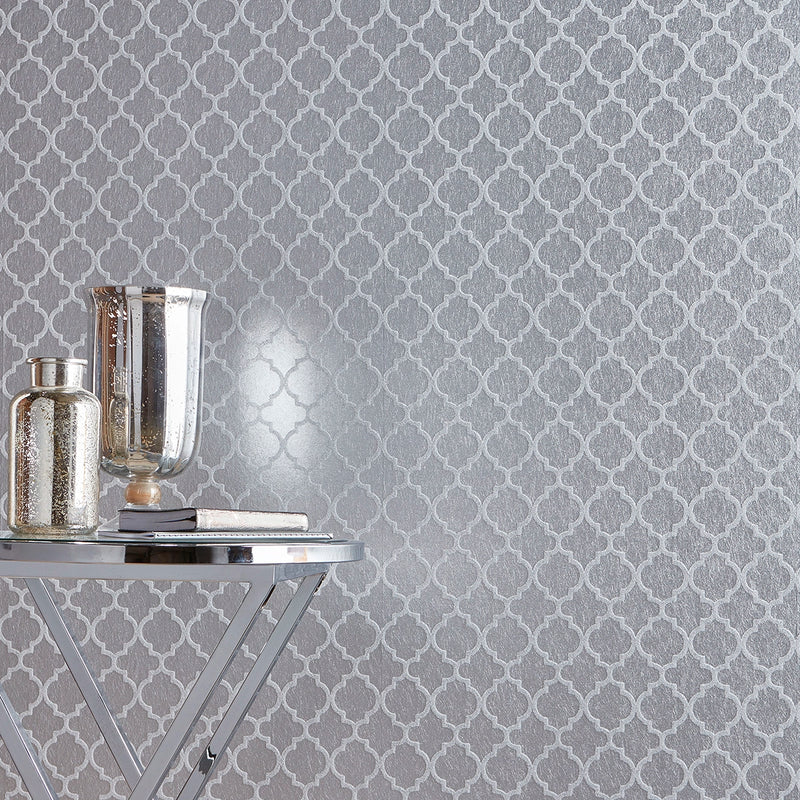 105126 Trelliage Bead Silver Wallpaper by Graham and Brown